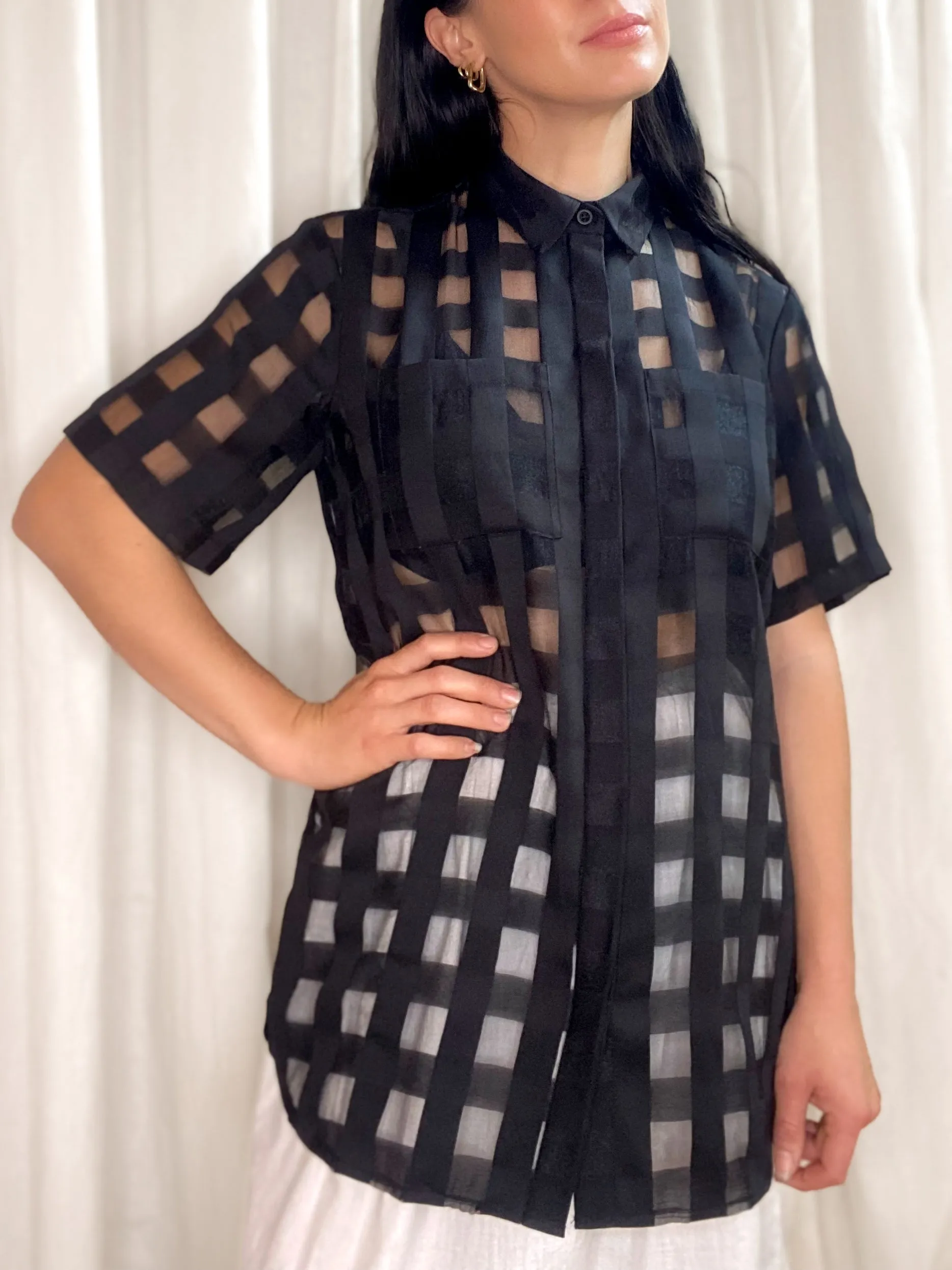 • PRE-LOVED • Alice McCall Checked Shirt [ Black, Organza, Short Sleeved, Size 8 ]