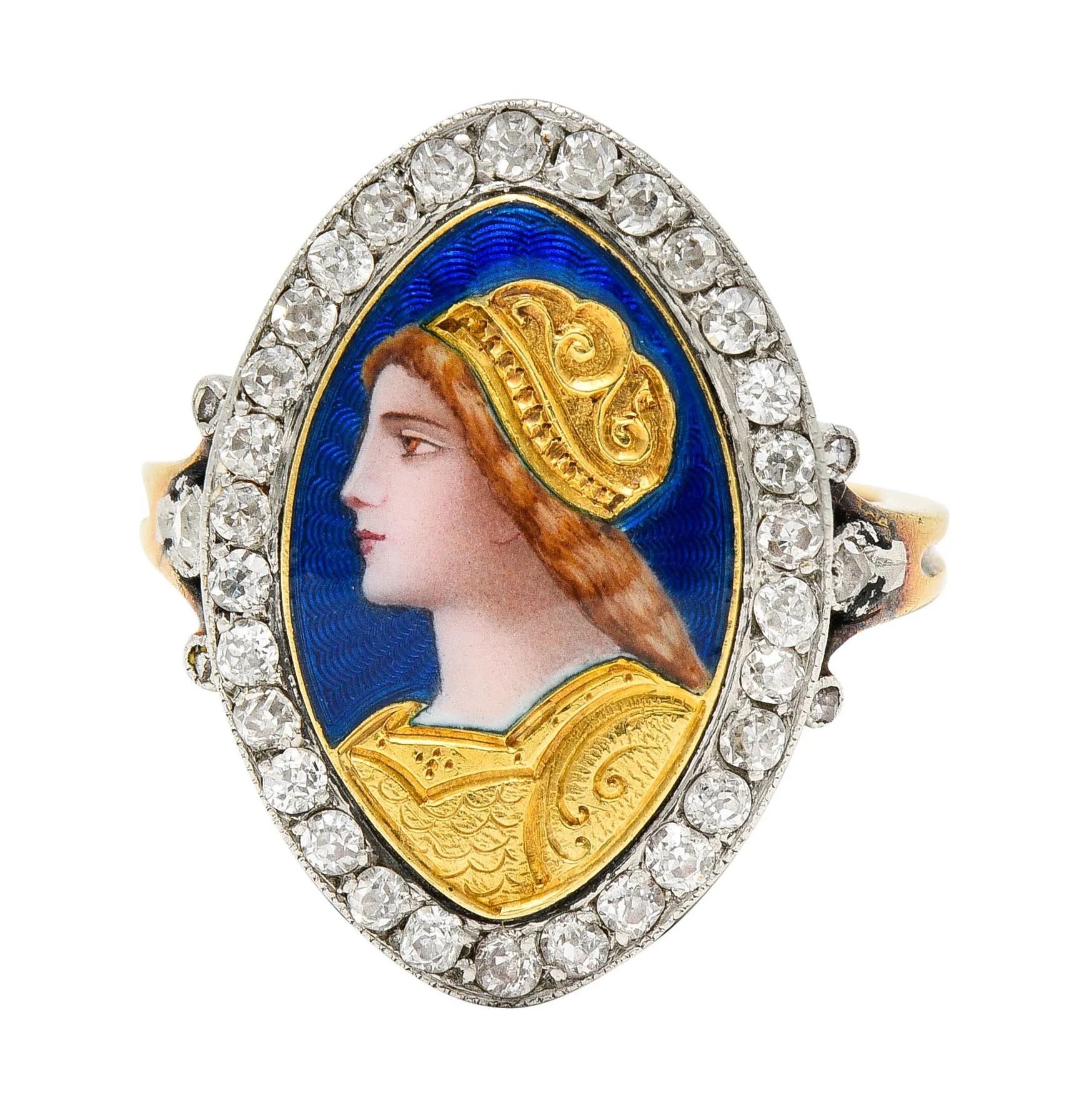 1890's Victorian Guilloche Enamel Diamond Platinum-Topped 18 Karat Gold Portrait Ring