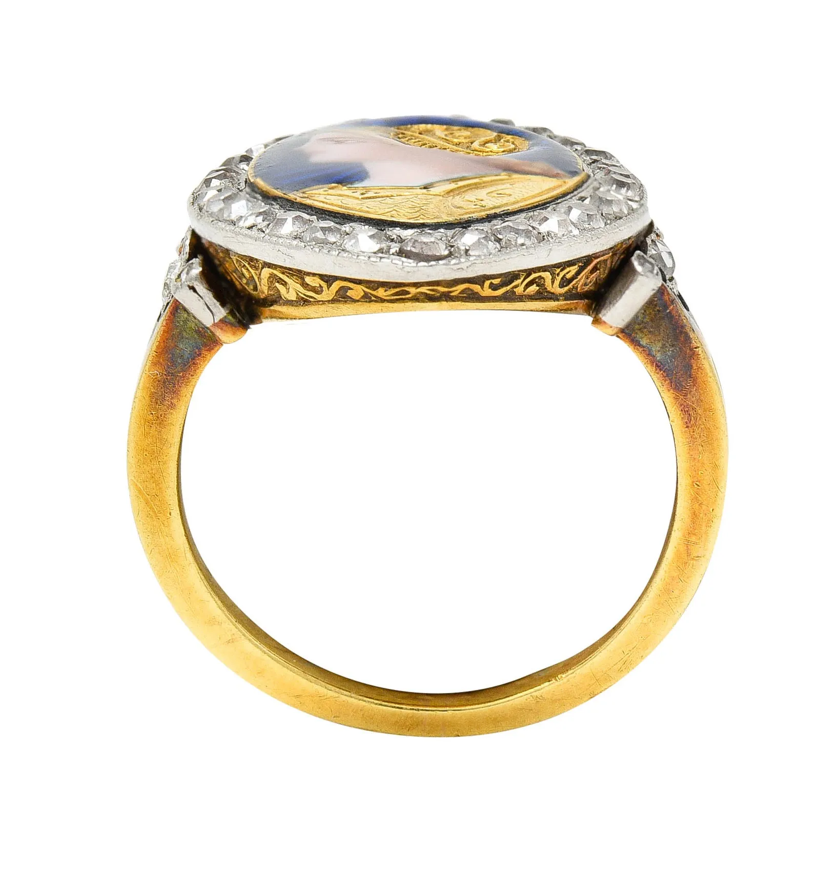 1890's Victorian Guilloche Enamel Diamond Platinum-Topped 18 Karat Gold Portrait Ring