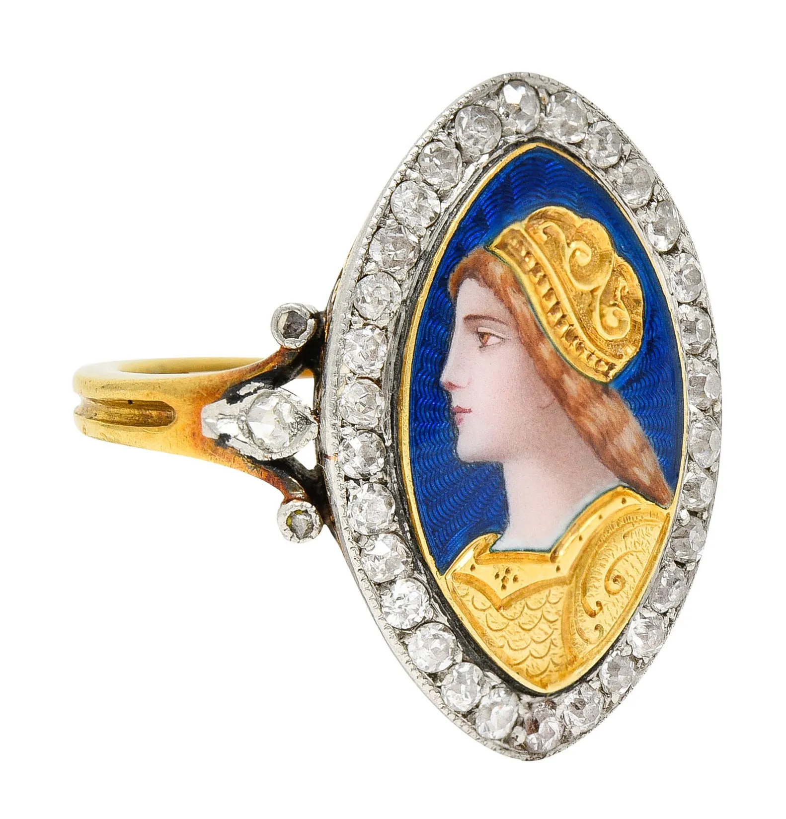 1890's Victorian Guilloche Enamel Diamond Platinum-Topped 18 Karat Gold Portrait Ring