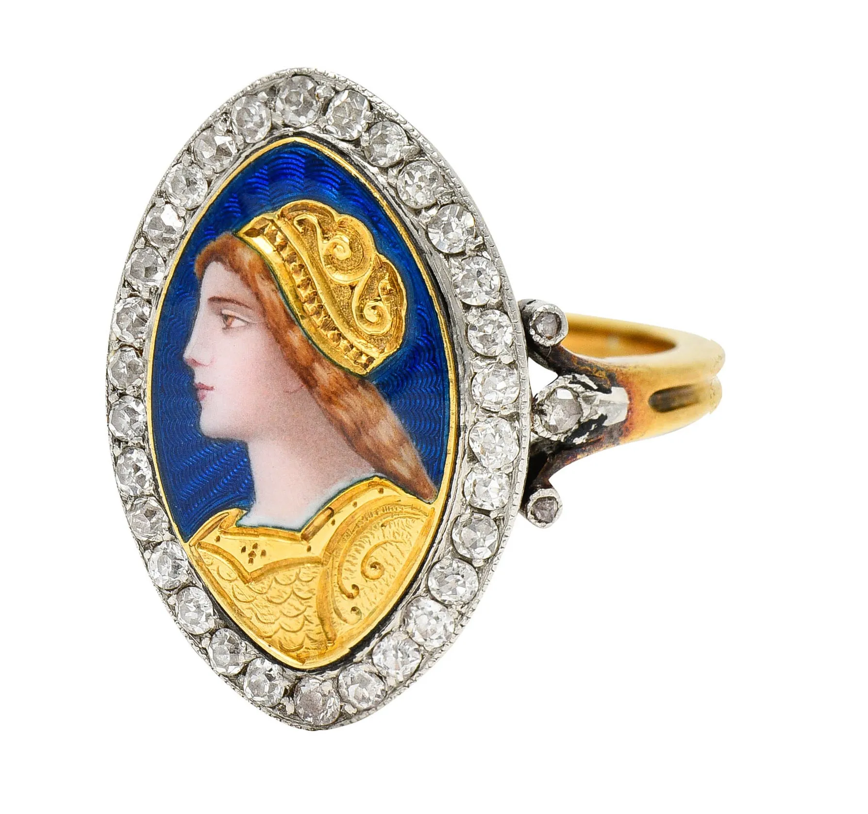 1890's Victorian Guilloche Enamel Diamond Platinum-Topped 18 Karat Gold Portrait Ring