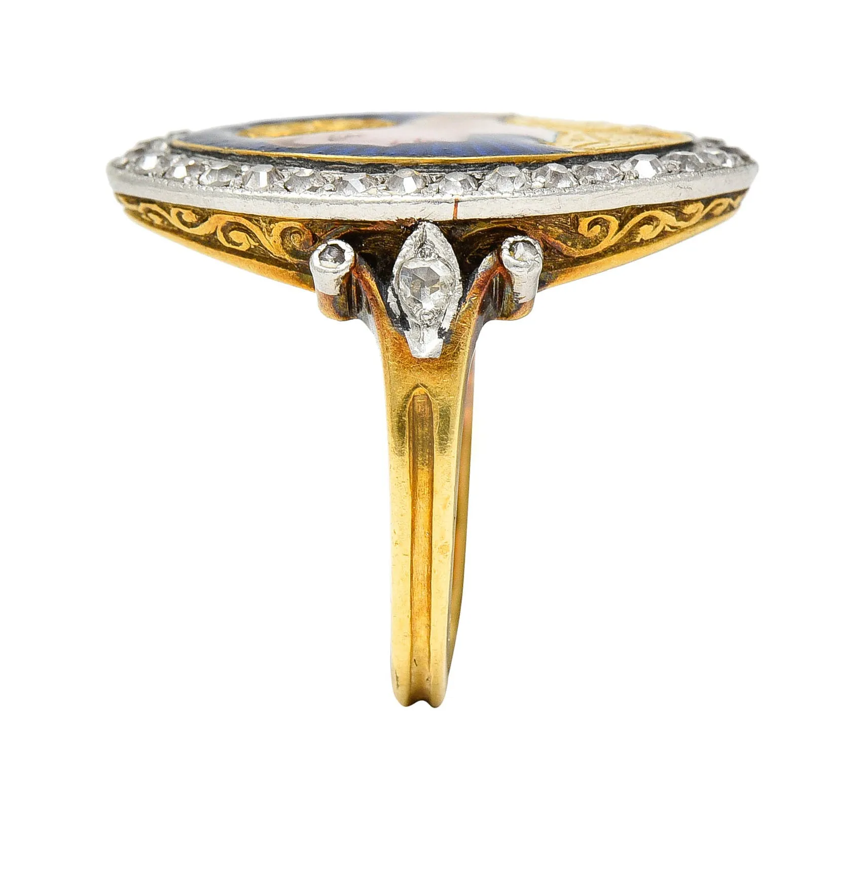 1890's Victorian Guilloche Enamel Diamond Platinum-Topped 18 Karat Gold Portrait Ring