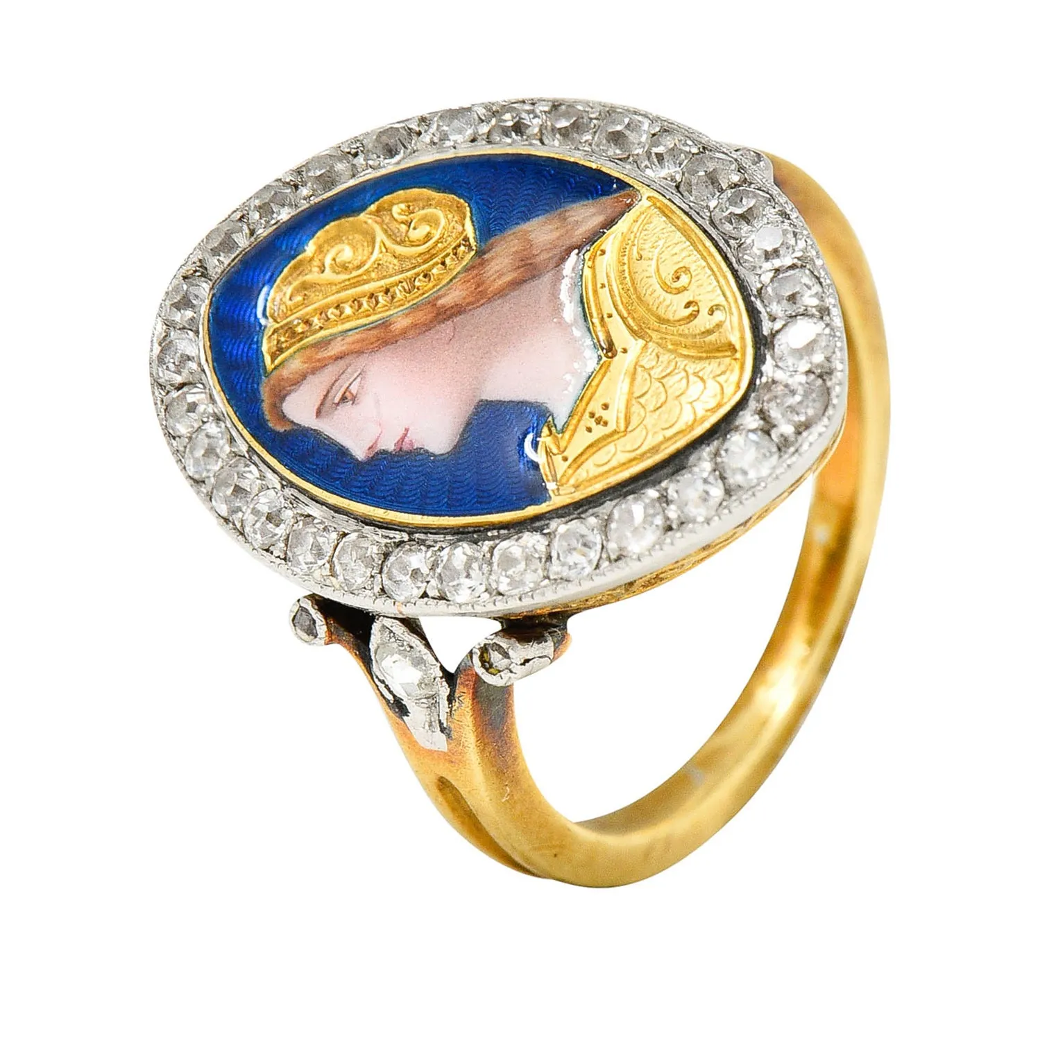 1890's Victorian Guilloche Enamel Diamond Platinum-Topped 18 Karat Gold Portrait Ring