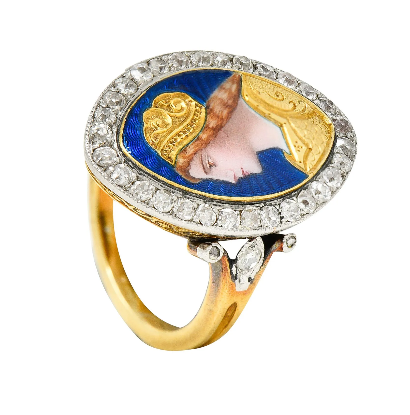 1890's Victorian Guilloche Enamel Diamond Platinum-Topped 18 Karat Gold Portrait Ring