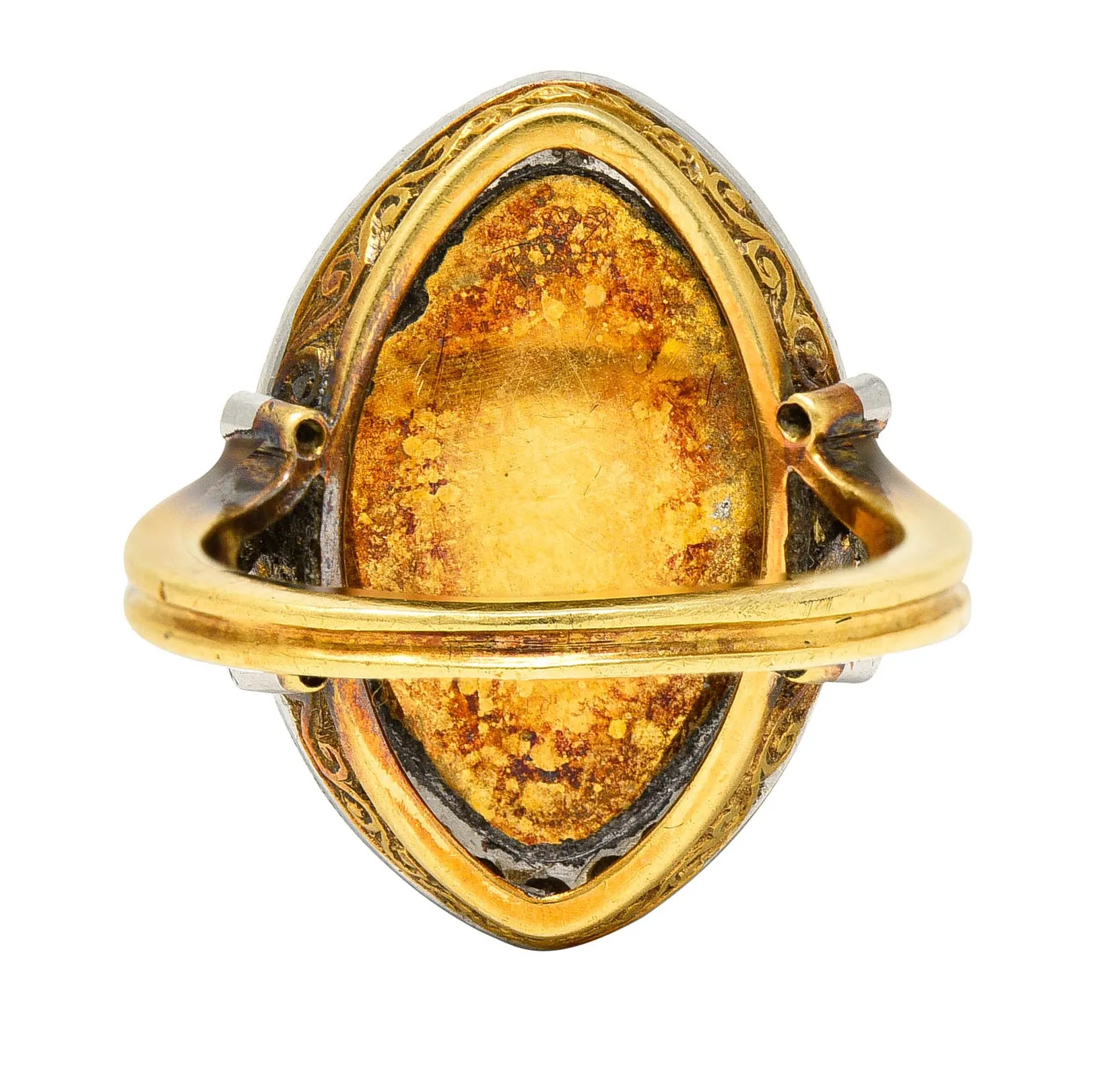 1890's Victorian Guilloche Enamel Diamond Platinum-Topped 18 Karat Gold Portrait Ring