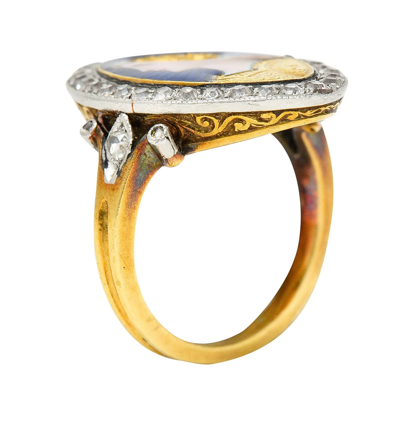 1890's Victorian Guilloche Enamel Diamond Platinum-Topped 18 Karat Gold Portrait Ring