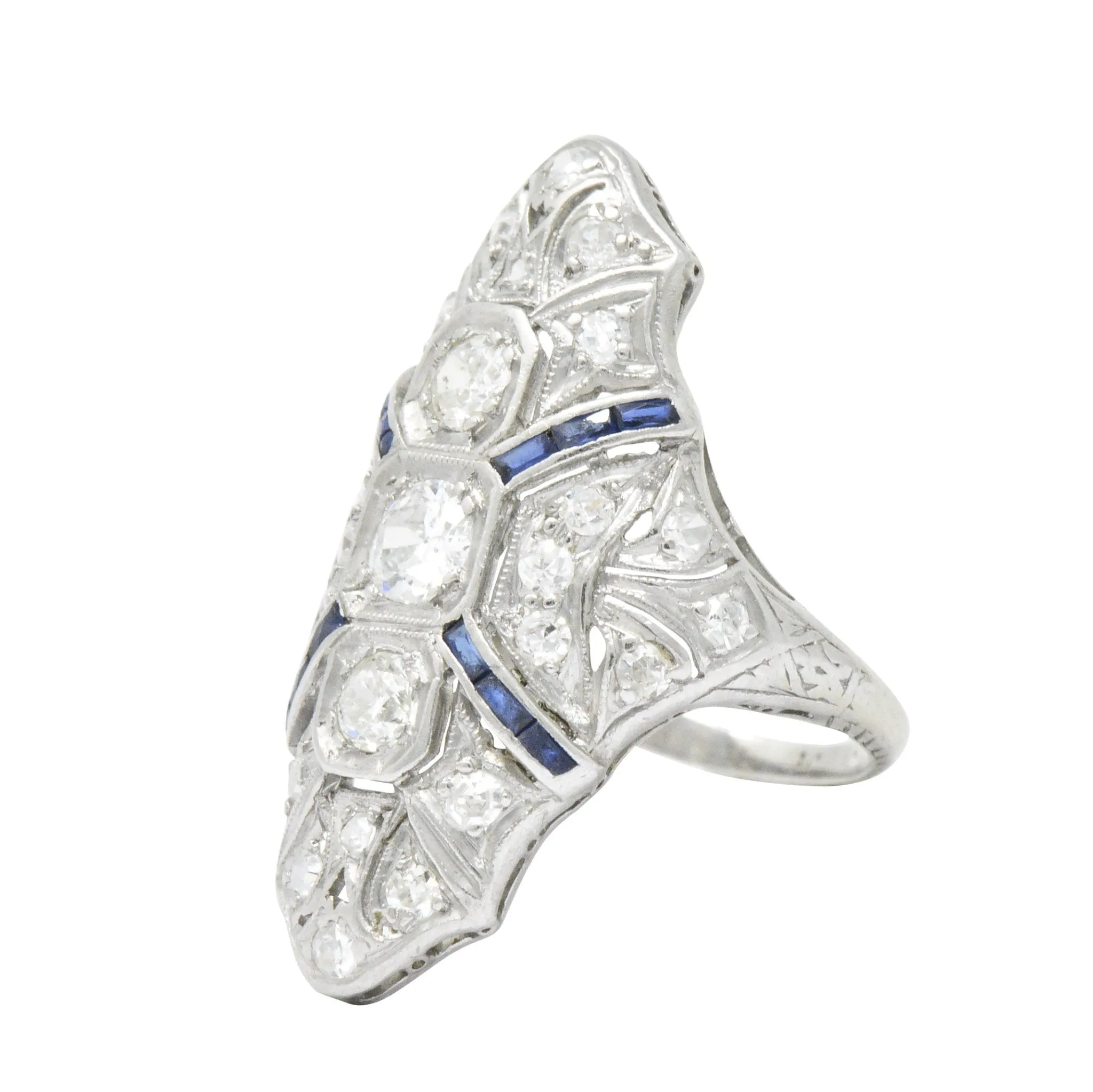 1920's 1.15 CTW Diamond Sapphire Platinum Art Deco Dinner Ring