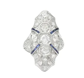 1920's 1.15 CTW Diamond Sapphire Platinum Art Deco Dinner Ring