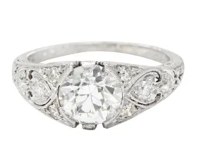 1923 Art Deco 1.34 CTW Diamond Platinum Scrolled Wheat Vintage Engagement Ring GIA