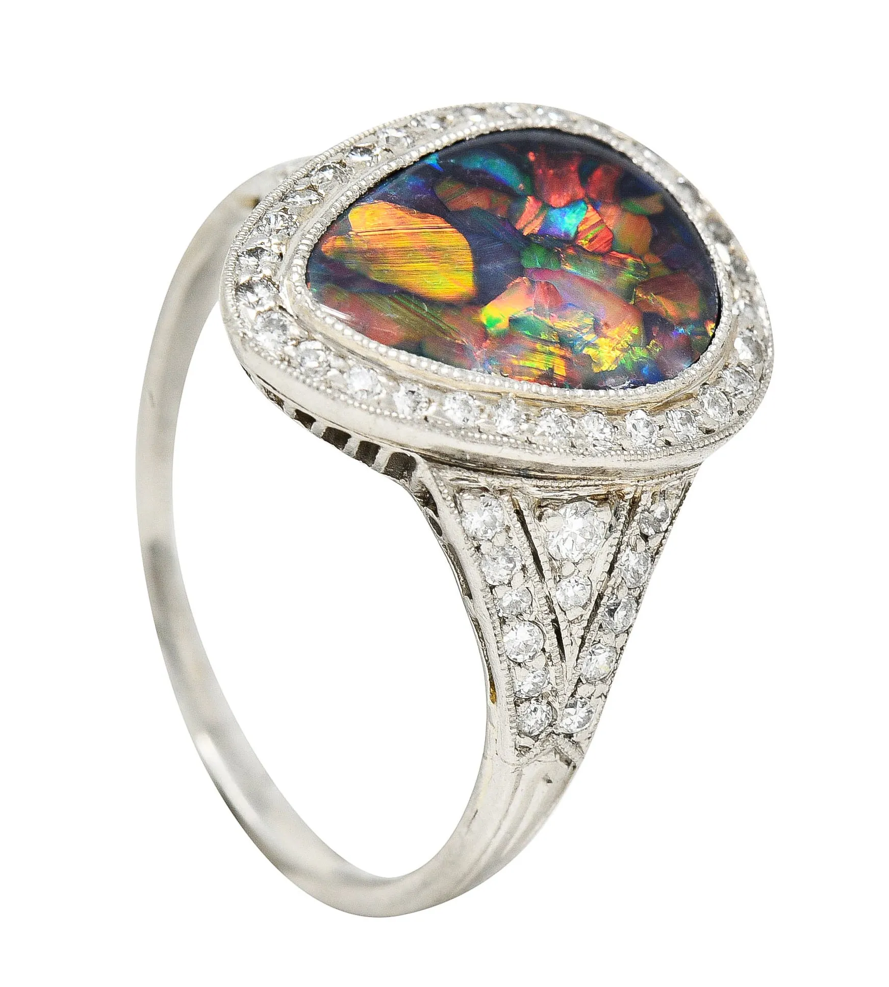 1925 Art Deco Black Opal Diamond Platinum Gemstone Ring