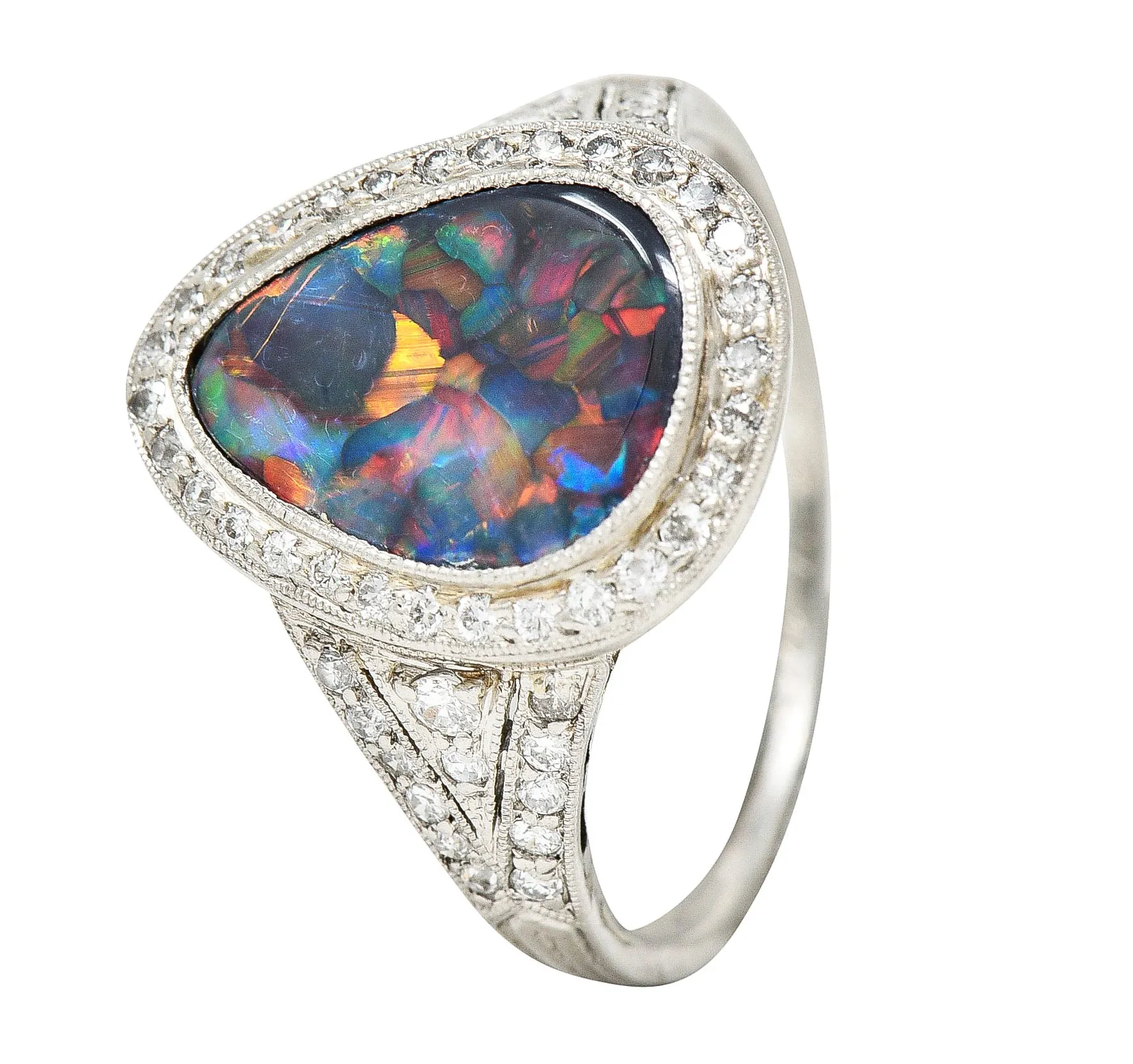 1925 Art Deco Black Opal Diamond Platinum Gemstone Ring