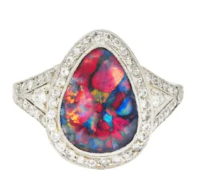 1925 Art Deco Black Opal Diamond Platinum Gemstone Ring