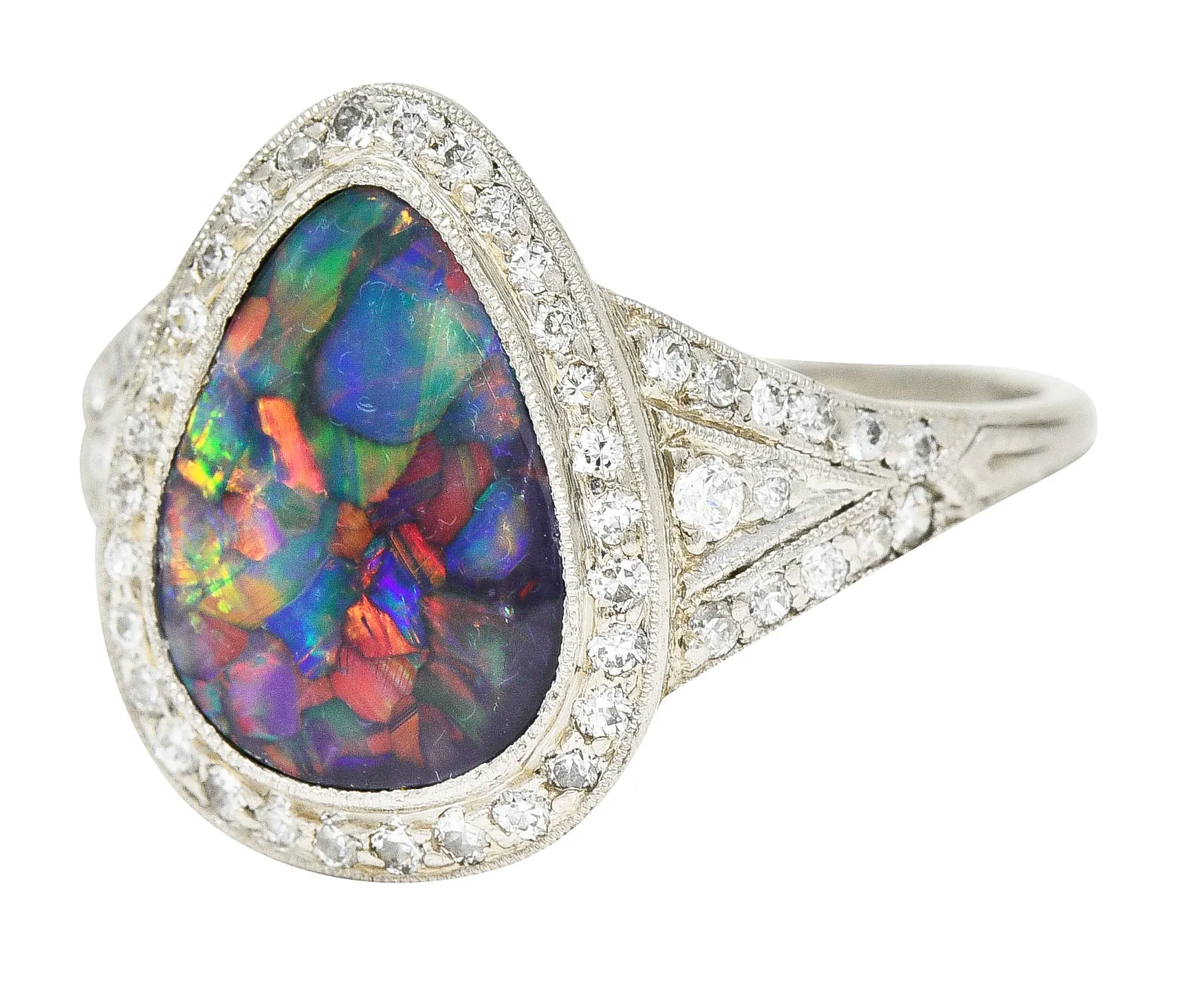 1925 Art Deco Black Opal Diamond Platinum Gemstone Ring