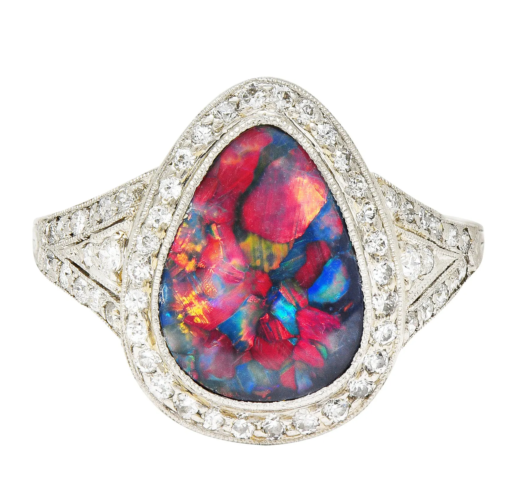 1925 Art Deco Black Opal Diamond Platinum Gemstone Ring