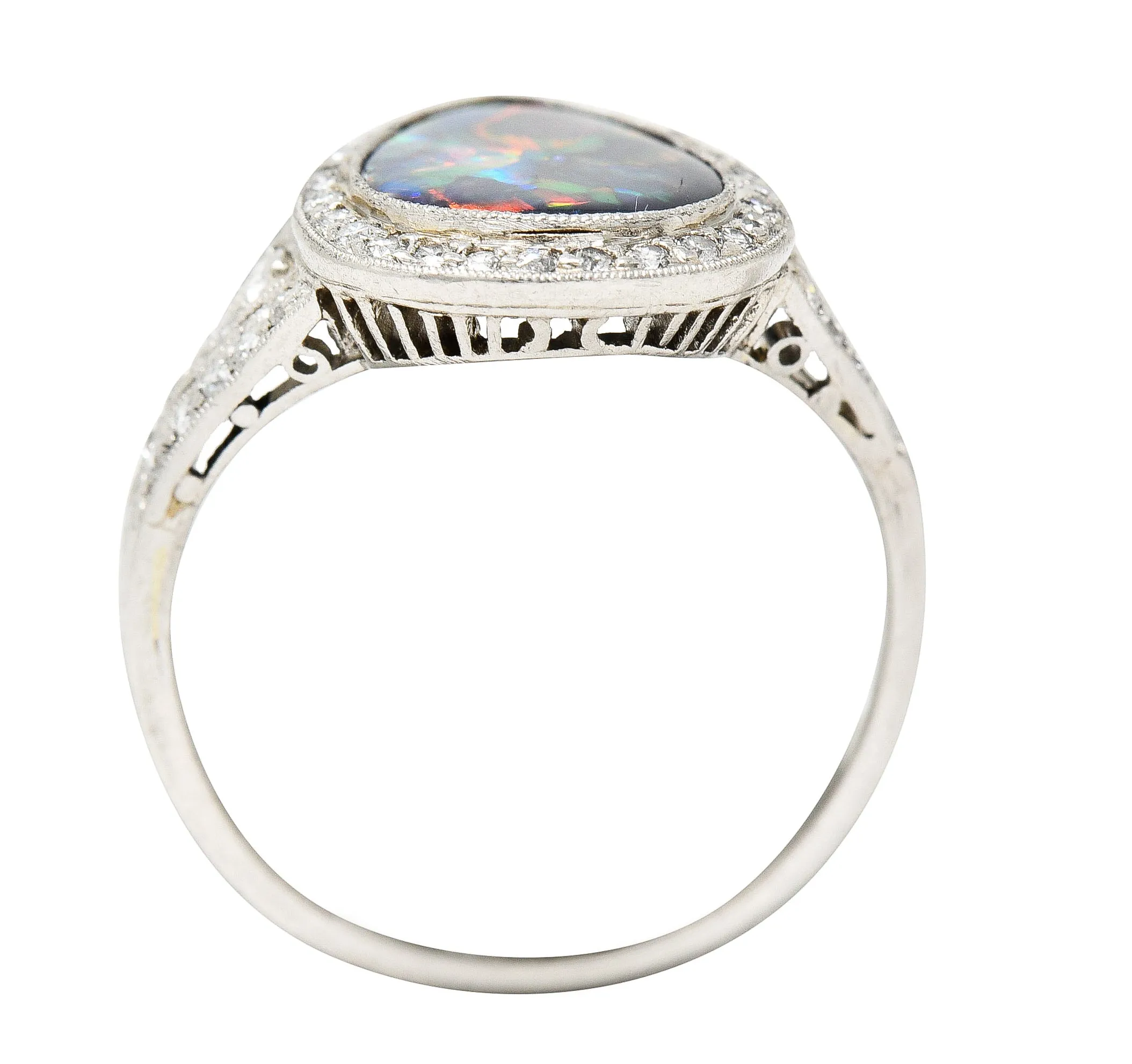 1925 Art Deco Black Opal Diamond Platinum Gemstone Ring