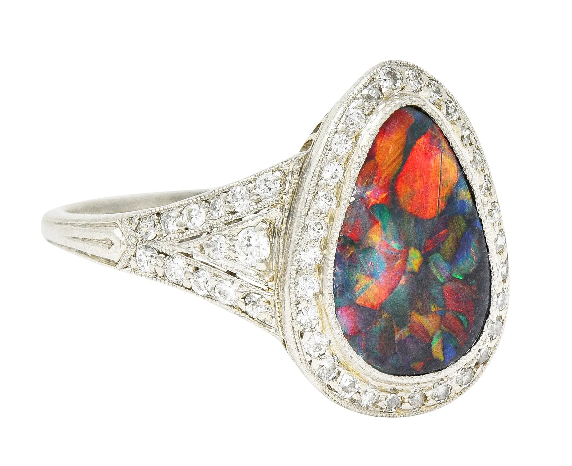 1925 Art Deco Black Opal Diamond Platinum Gemstone Ring