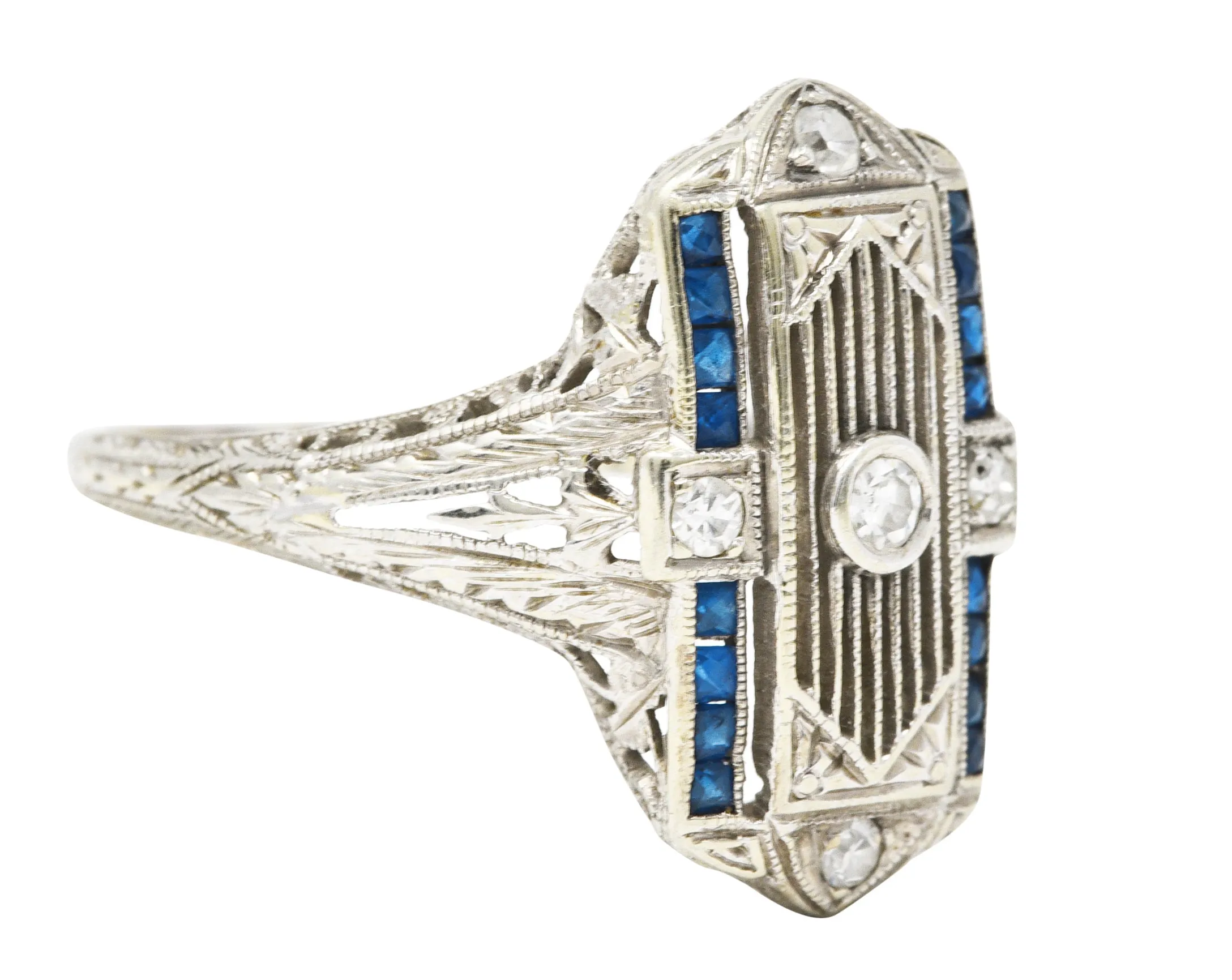 1928 Art Deco Sapphire Diamond 18 Karat White Gold Dinner Ring