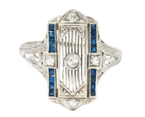 1928 Art Deco Sapphire Diamond 18 Karat White Gold Dinner Ring