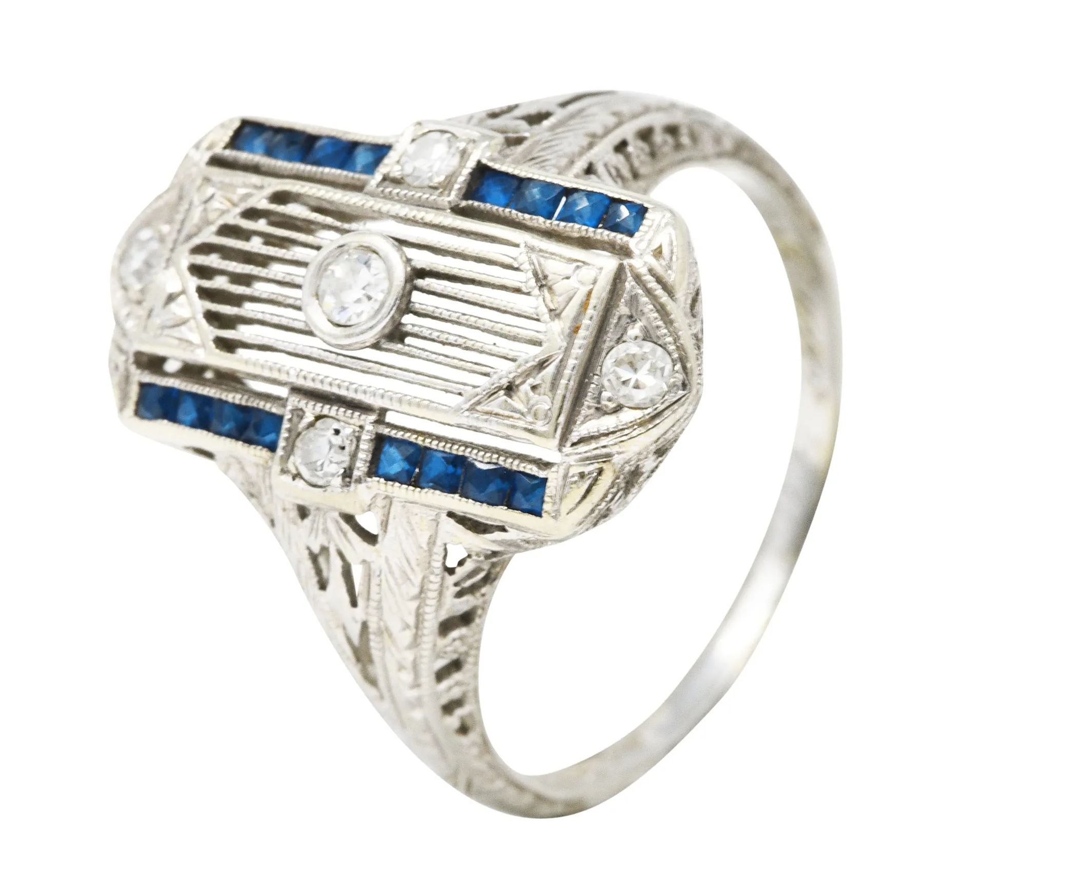 1928 Art Deco Sapphire Diamond 18 Karat White Gold Dinner Ring