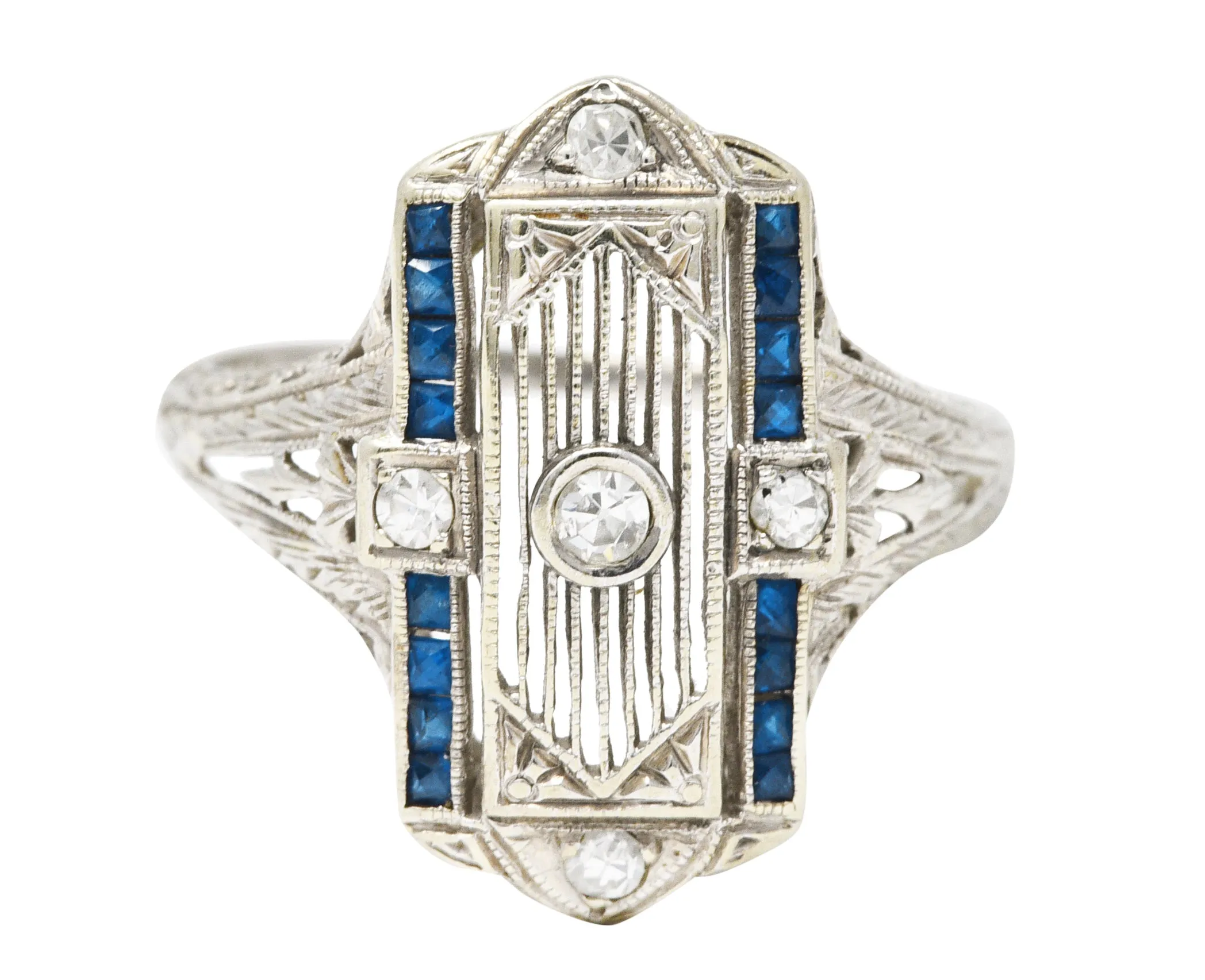 1928 Art Deco Sapphire Diamond 18 Karat White Gold Dinner Ring