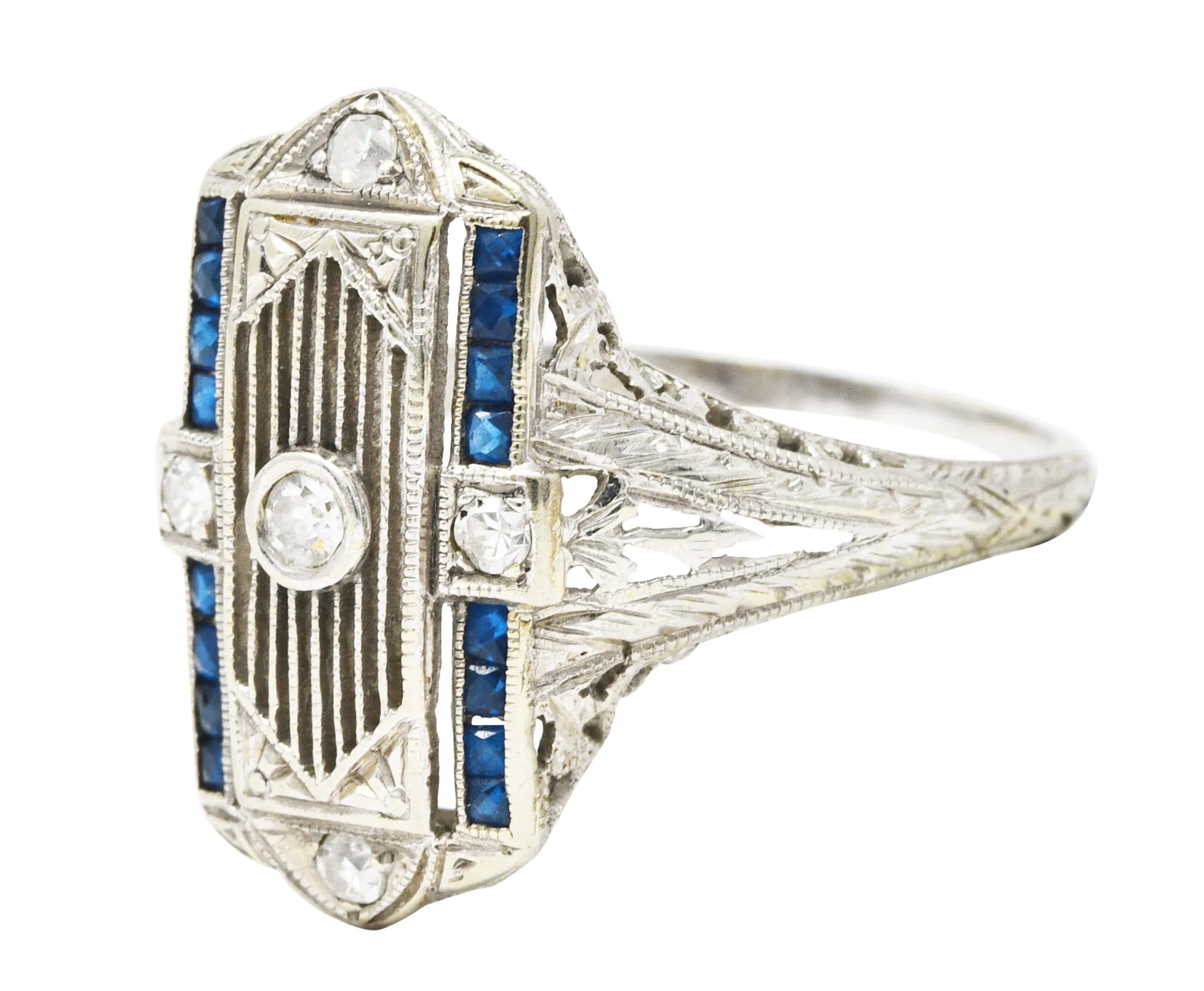 1928 Art Deco Sapphire Diamond 18 Karat White Gold Dinner Ring