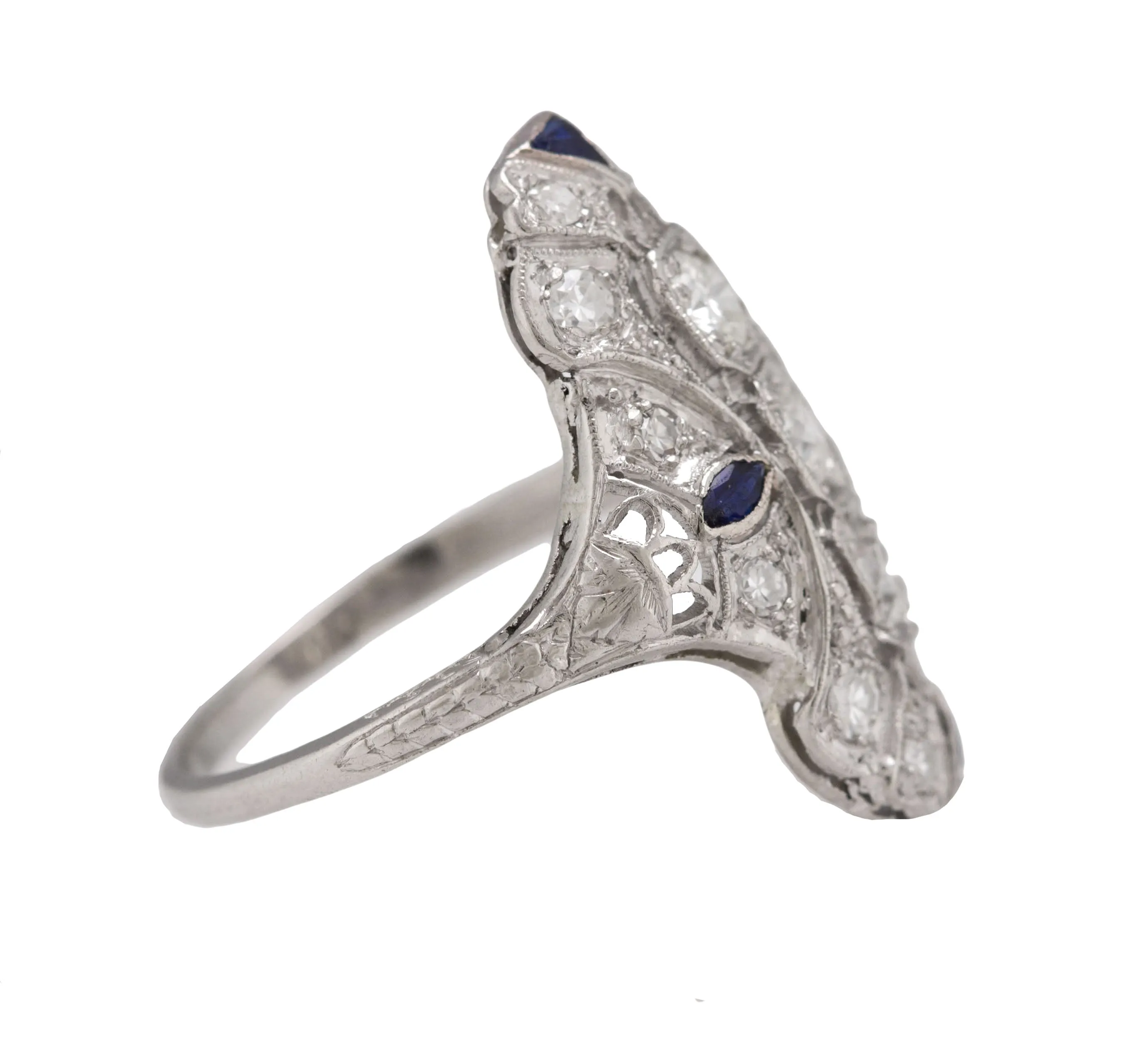 1930's Antique Art Deco Platinum 0.85ctw Diamond Sapphire Filigree Dinner Ring