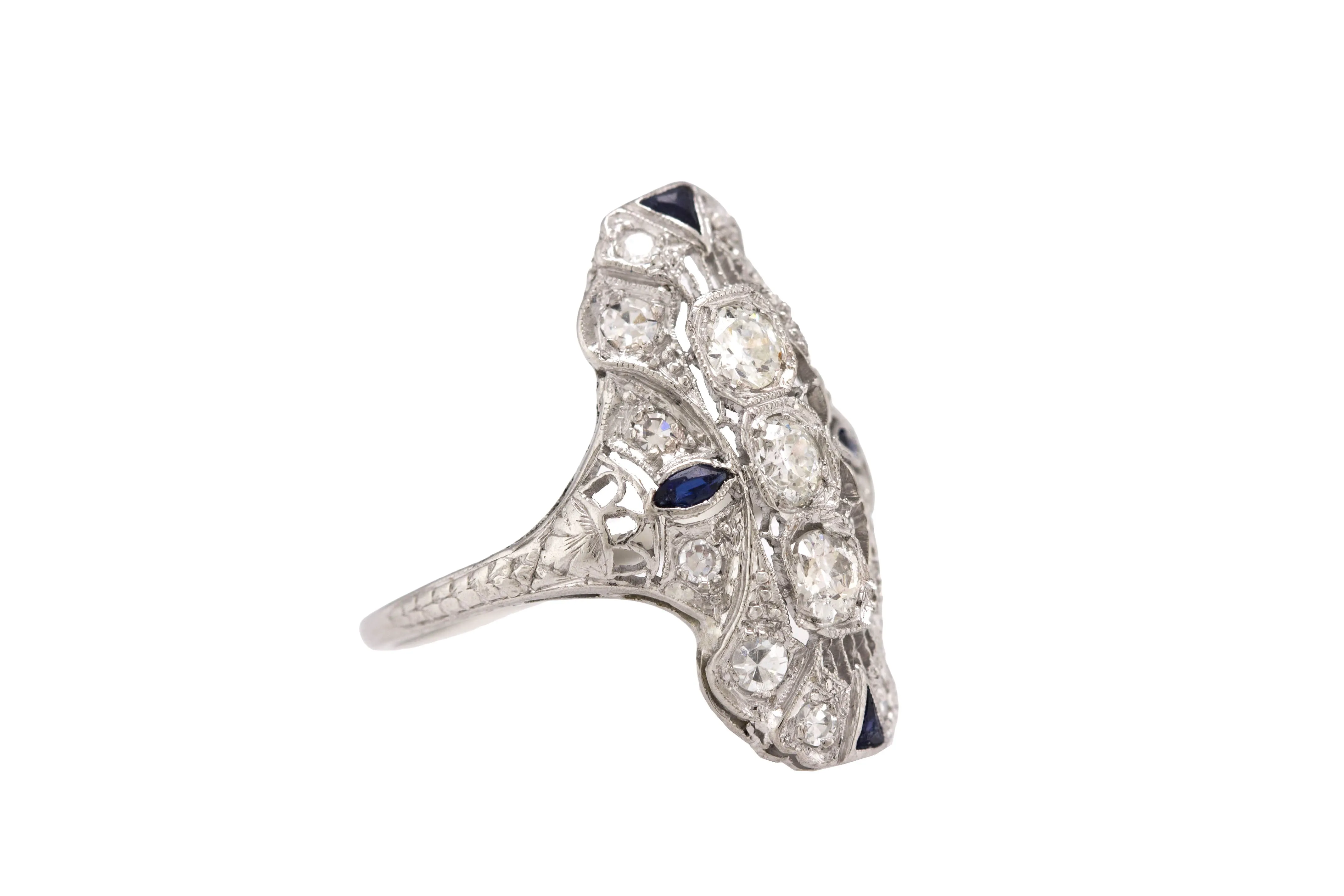 1930's Antique Art Deco Platinum 0.85ctw Diamond Sapphire Filigree Dinner Ring