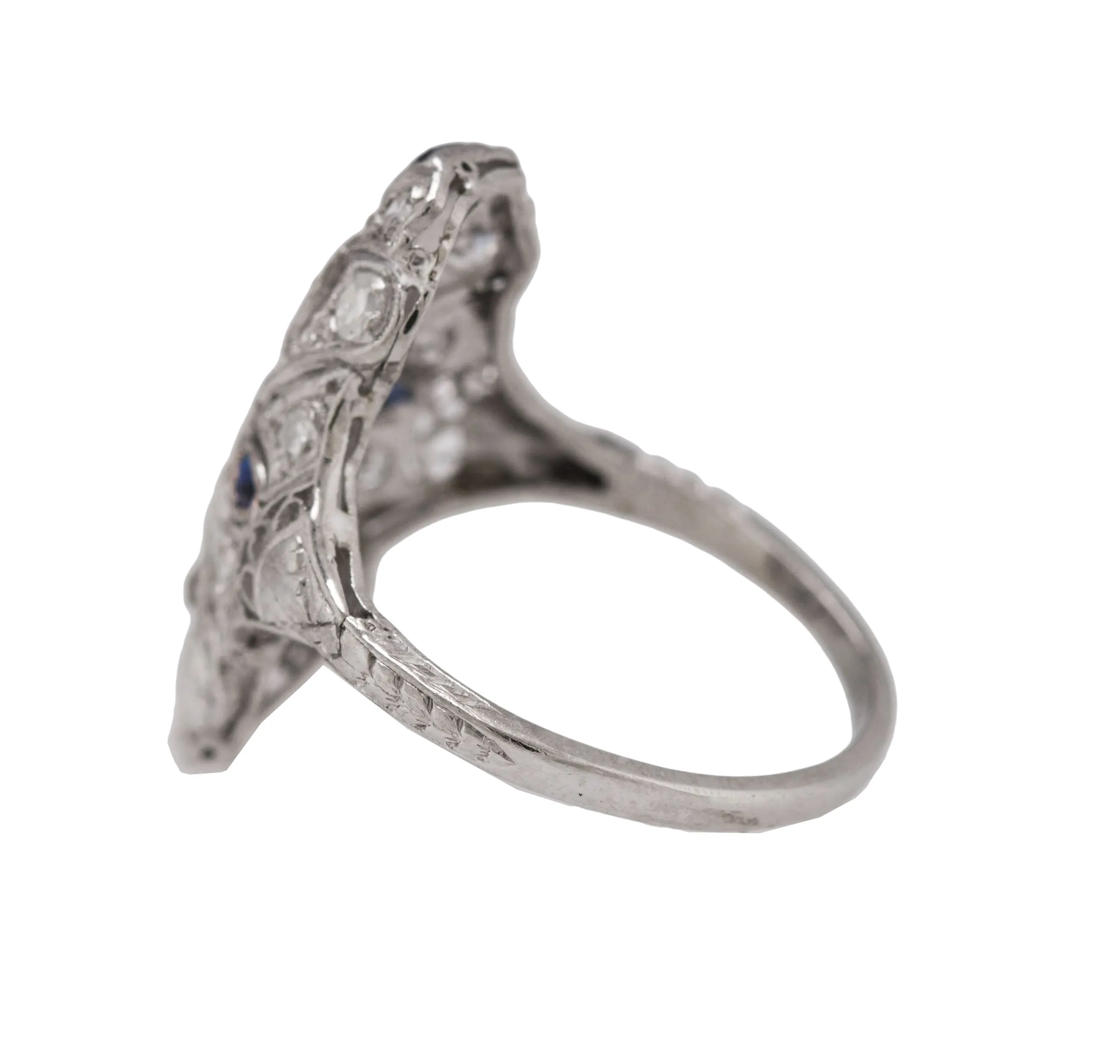 1930's Antique Art Deco Platinum 0.85ctw Diamond Sapphire Filigree Dinner Ring