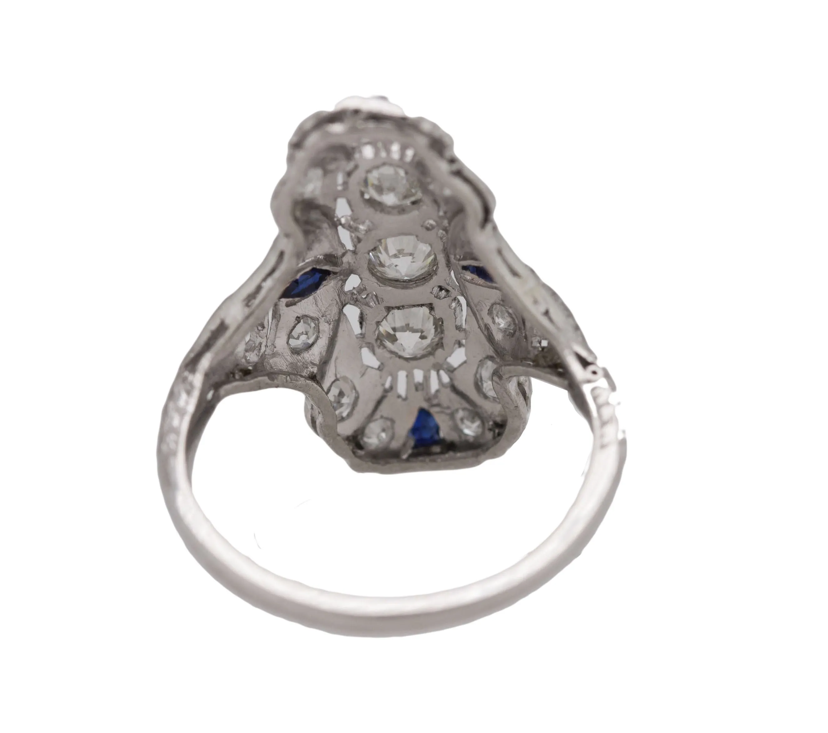 1930's Antique Art Deco Platinum 0.85ctw Diamond Sapphire Filigree Dinner Ring