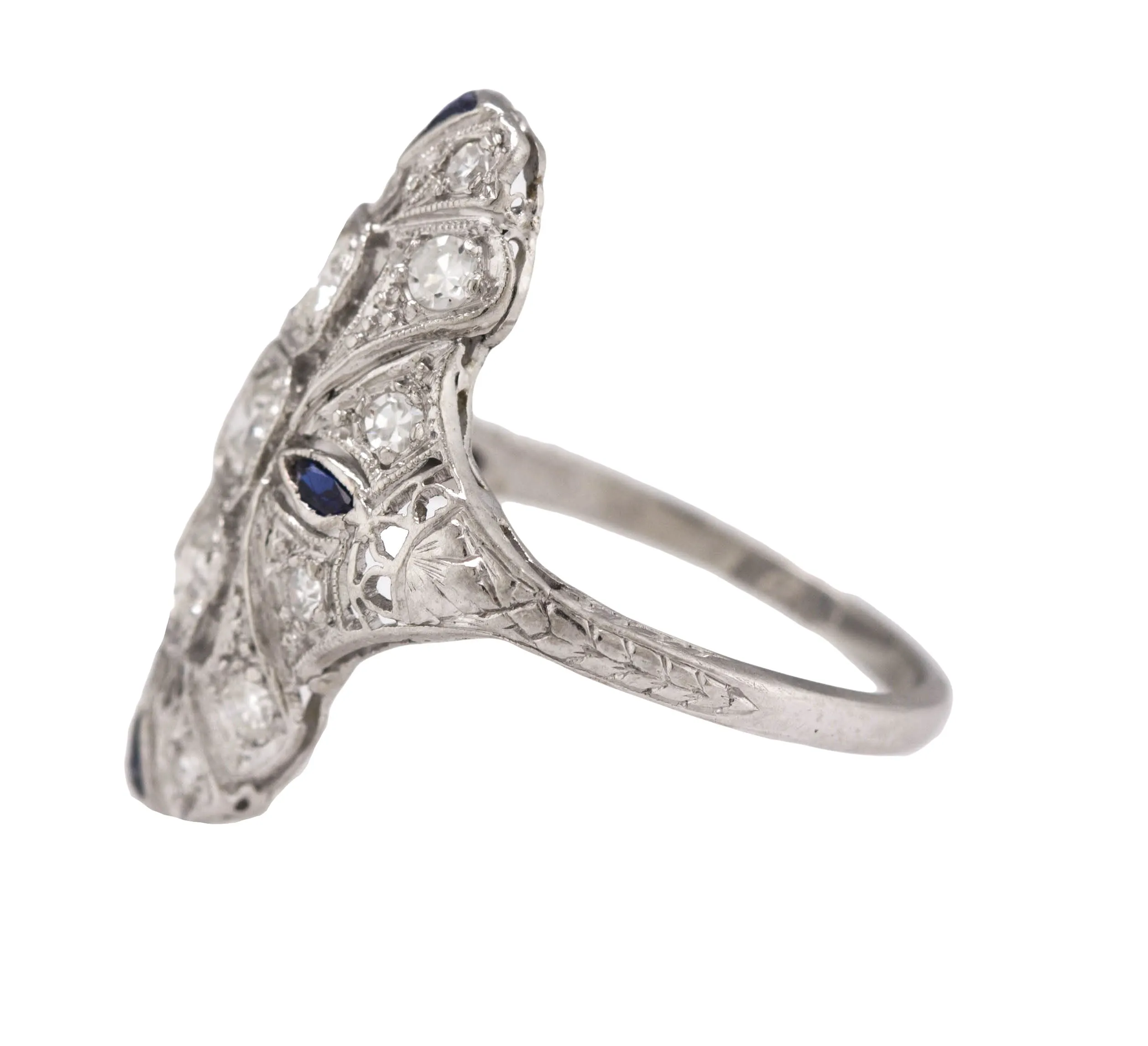 1930's Antique Art Deco Platinum 0.85ctw Diamond Sapphire Filigree Dinner Ring