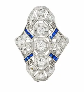 1930's Art Deco 1.25 CTW Diamond Sapphire Platinum Dinner Ring