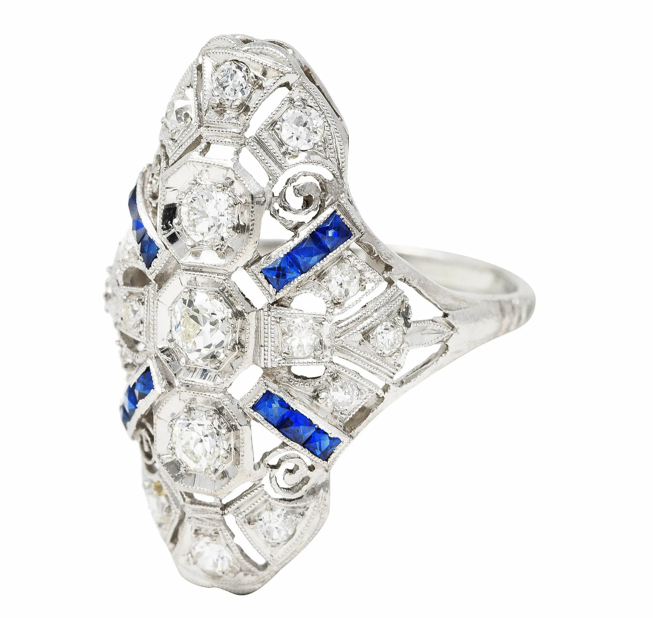 1930's Art Deco 1.25 CTW Diamond Sapphire Platinum Dinner Ring