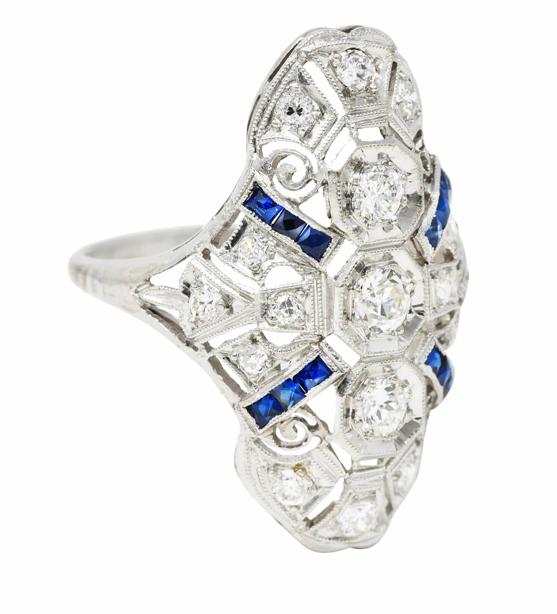 1930's Art Deco 1.25 CTW Diamond Sapphire Platinum Dinner Ring