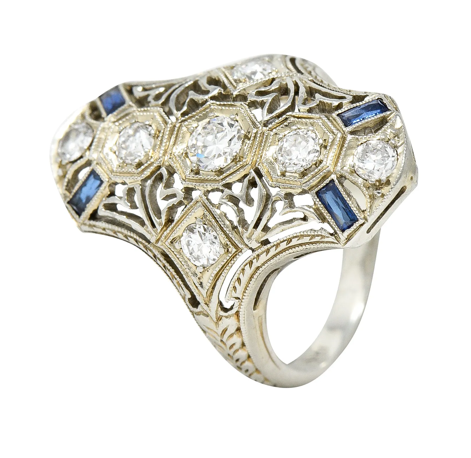 1930's Art Deco Sapphire Diamond 18 Karat White Gold Dinner Ring