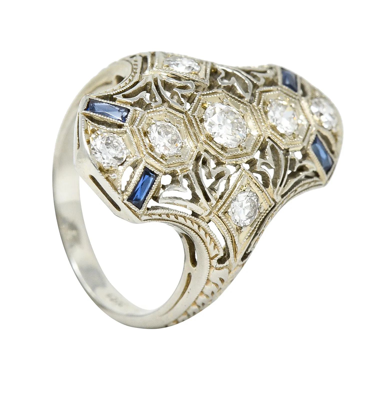 1930's Art Deco Sapphire Diamond 18 Karat White Gold Dinner Ring