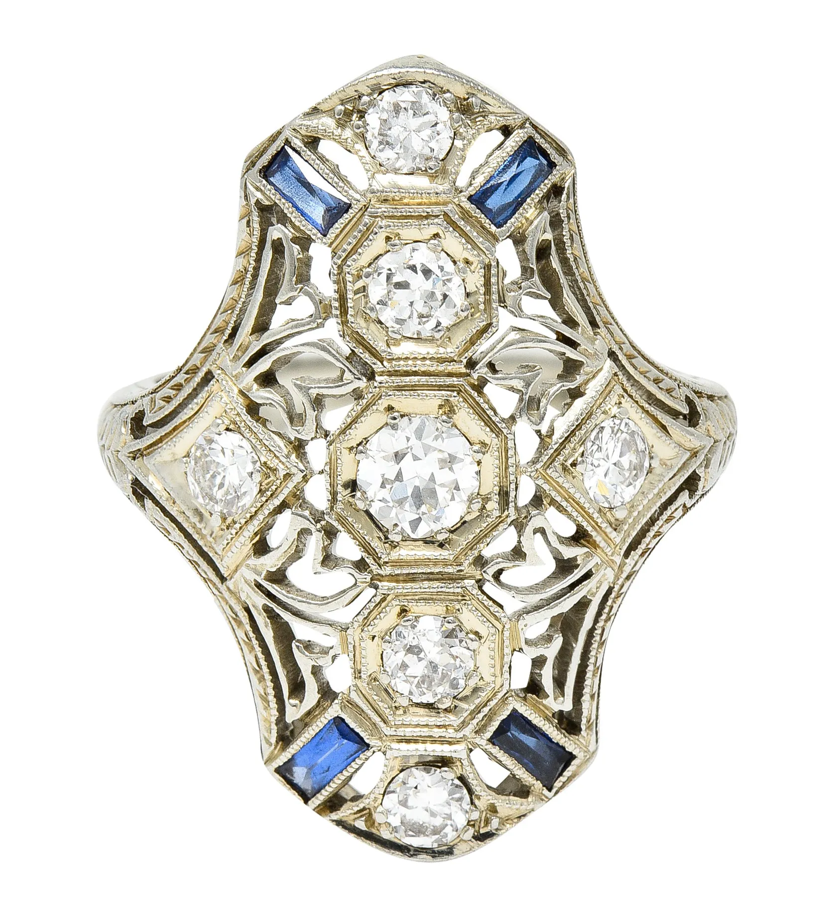 1930's Art Deco Sapphire Diamond 18 Karat White Gold Dinner Ring