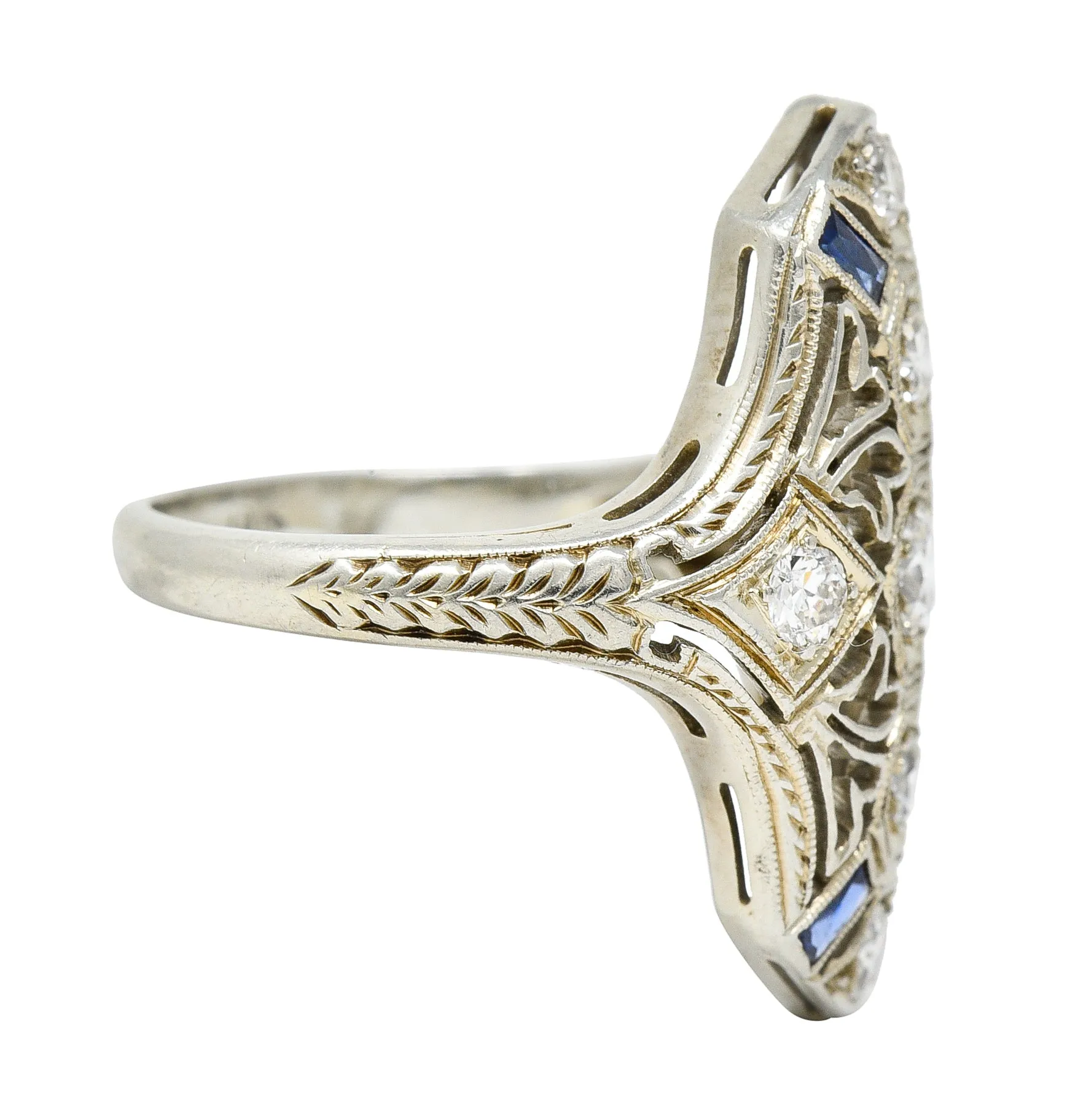 1930's Art Deco Sapphire Diamond 18 Karat White Gold Dinner Ring