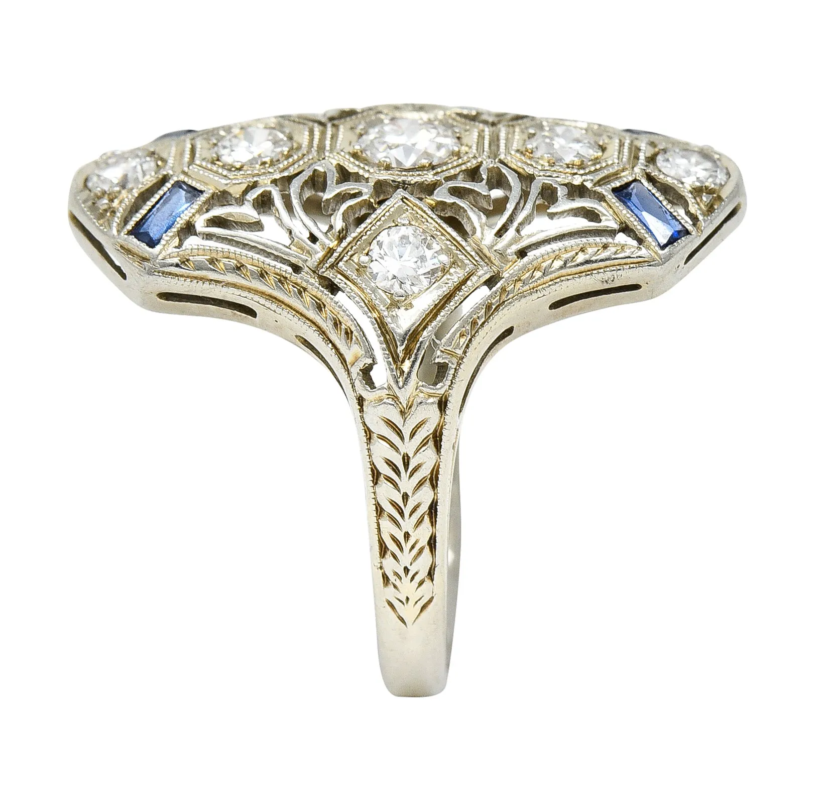 1930's Art Deco Sapphire Diamond 18 Karat White Gold Dinner Ring