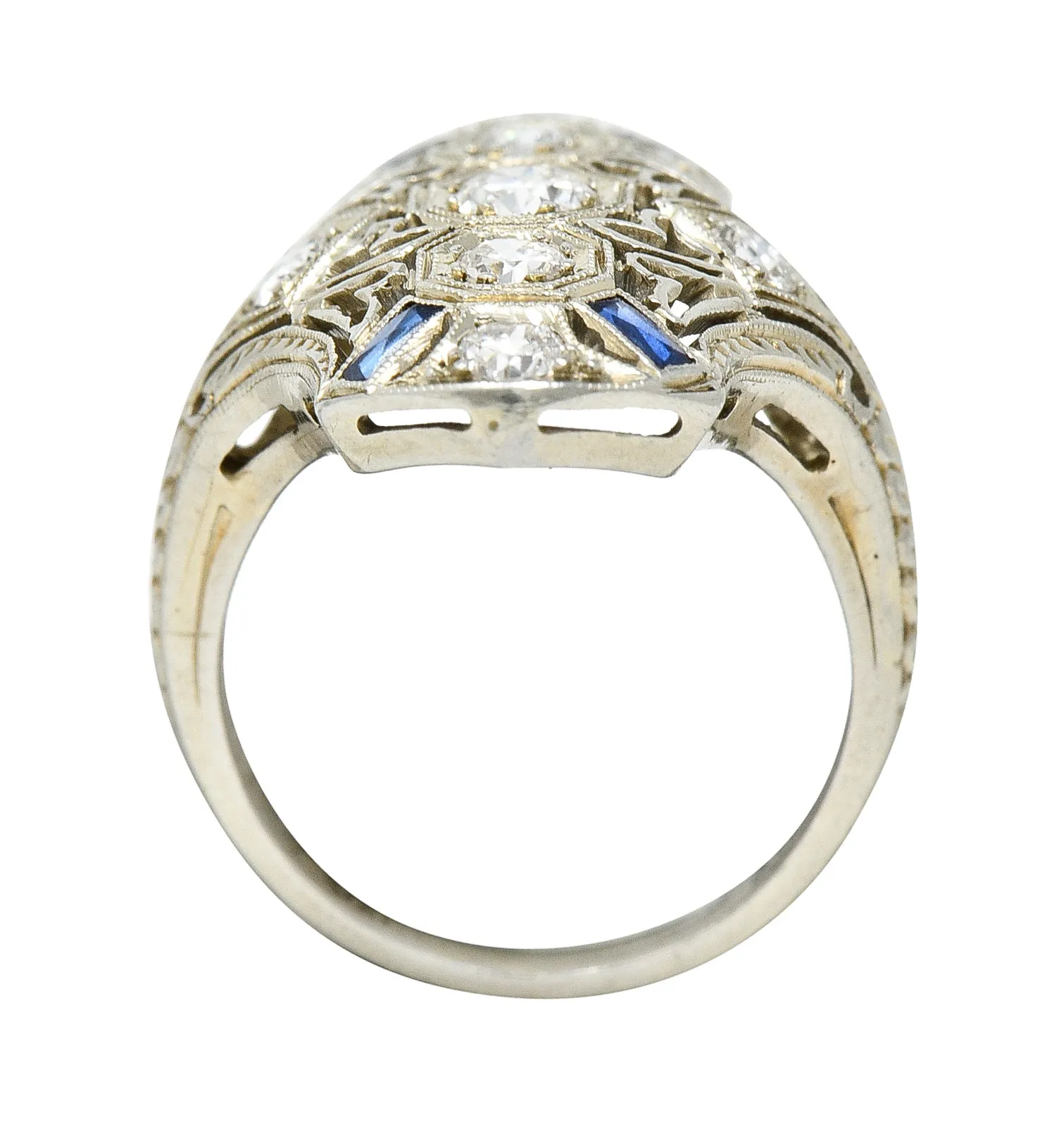 1930's Art Deco Sapphire Diamond 18 Karat White Gold Dinner Ring