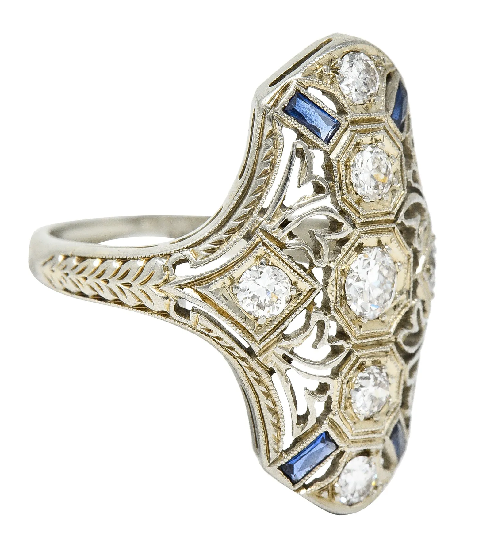 1930's Art Deco Sapphire Diamond 18 Karat White Gold Dinner Ring