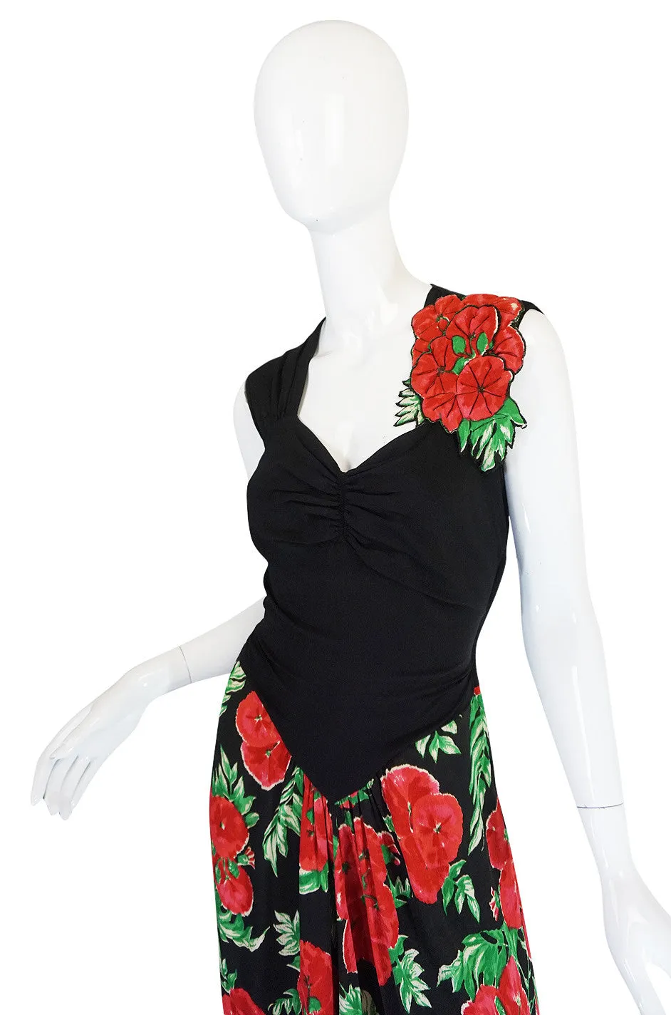 1940s Silk Crepe Padded Roses Floral Swing Dress