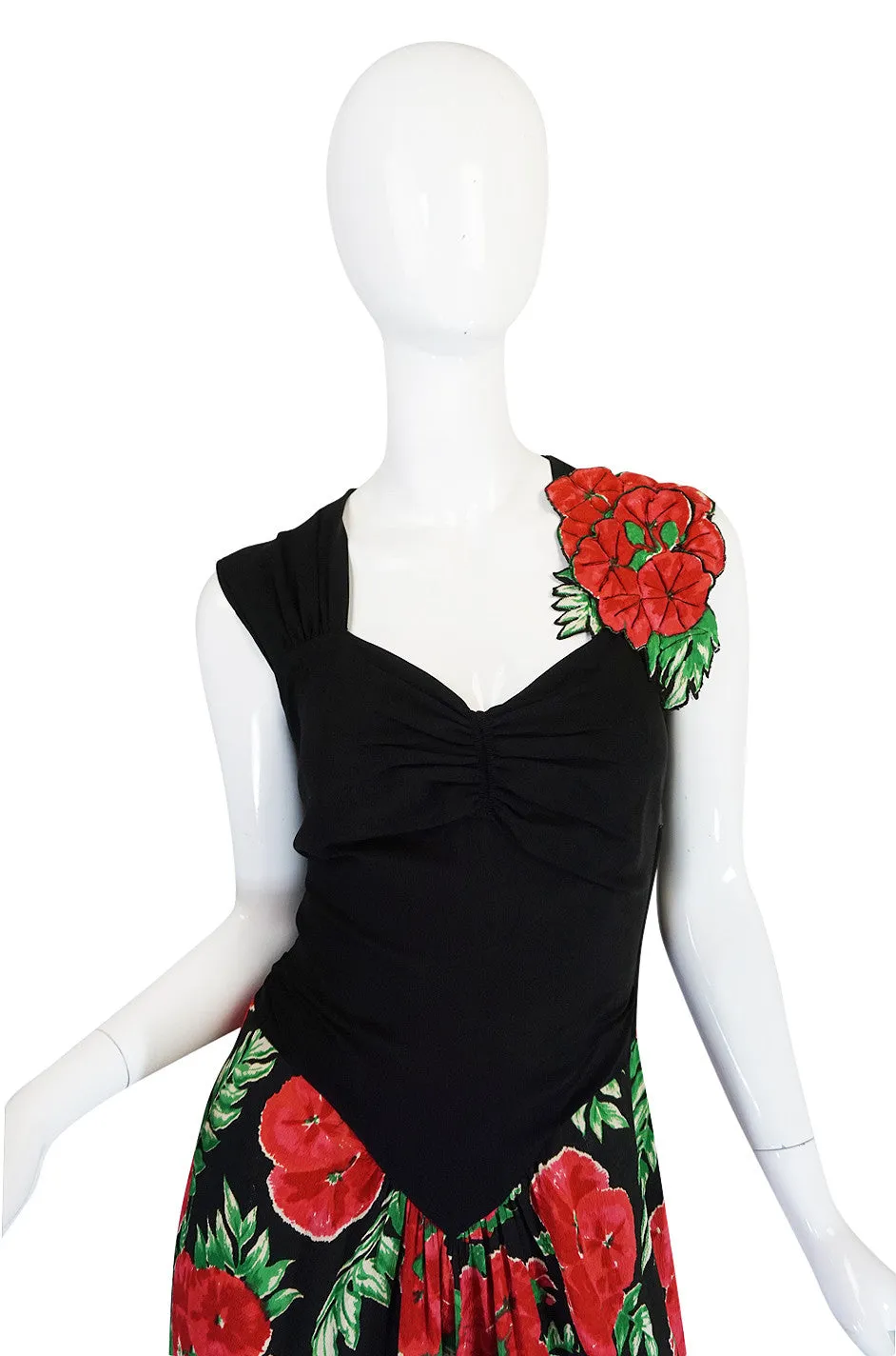 1940s Silk Crepe Padded Roses Floral Swing Dress