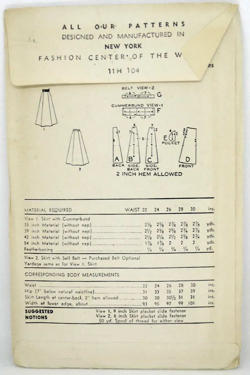 1948 Advance 5033 Vintage Skirt & Cummerbund Sewing Pattern