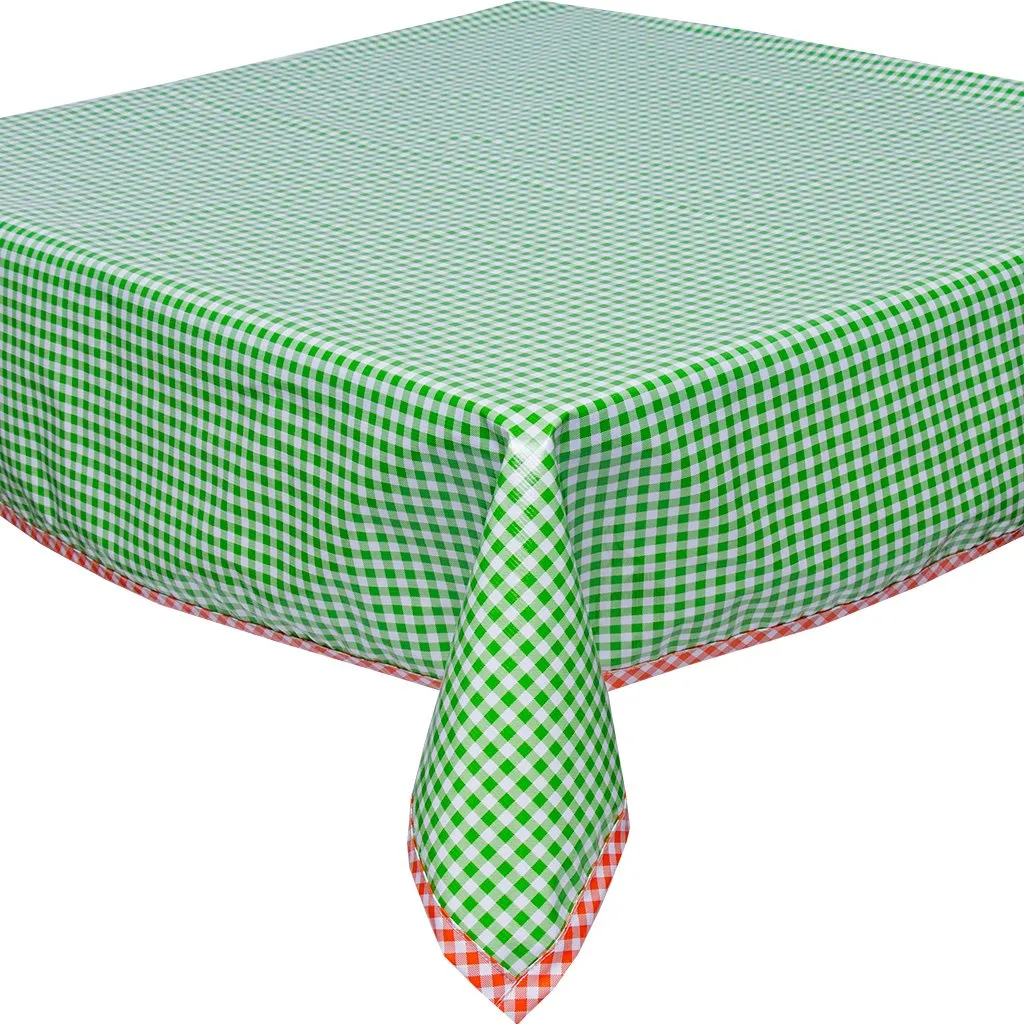 48 x 48 Gingham Lime Oilcloth Tablecloth with Orange Gingham Trim