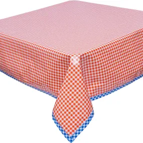 48 x 48 Gingham Orange Oilcloth Tablecloth with Blue Gingham Trim