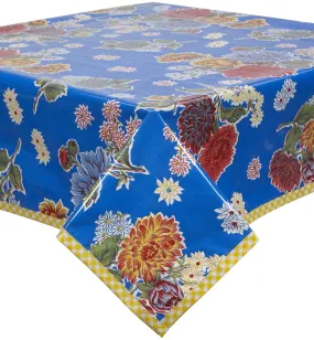 48 x 84 Mum Blue Oilcloth Tablecloth with Yellow Gingham Trim