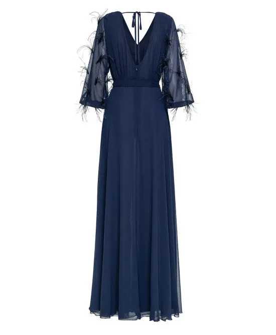 Access Fashion Navy Maxi Dress With Feather Sleeves