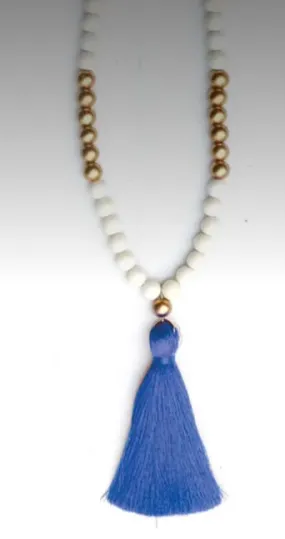 Accessories-Blue Tassel Necklace with Gold and white Beads