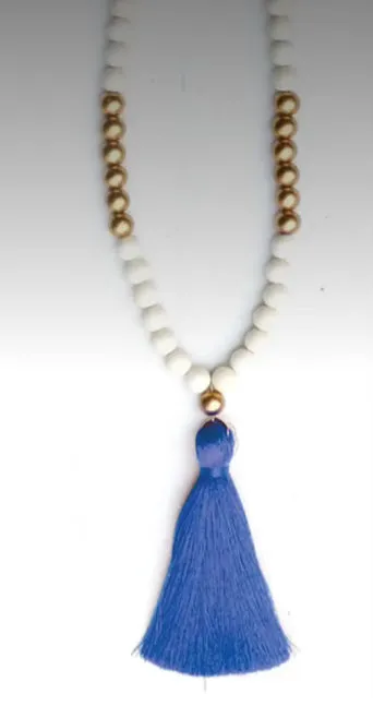 Accessories-Blue Tassel Necklace with Gold and white Beads