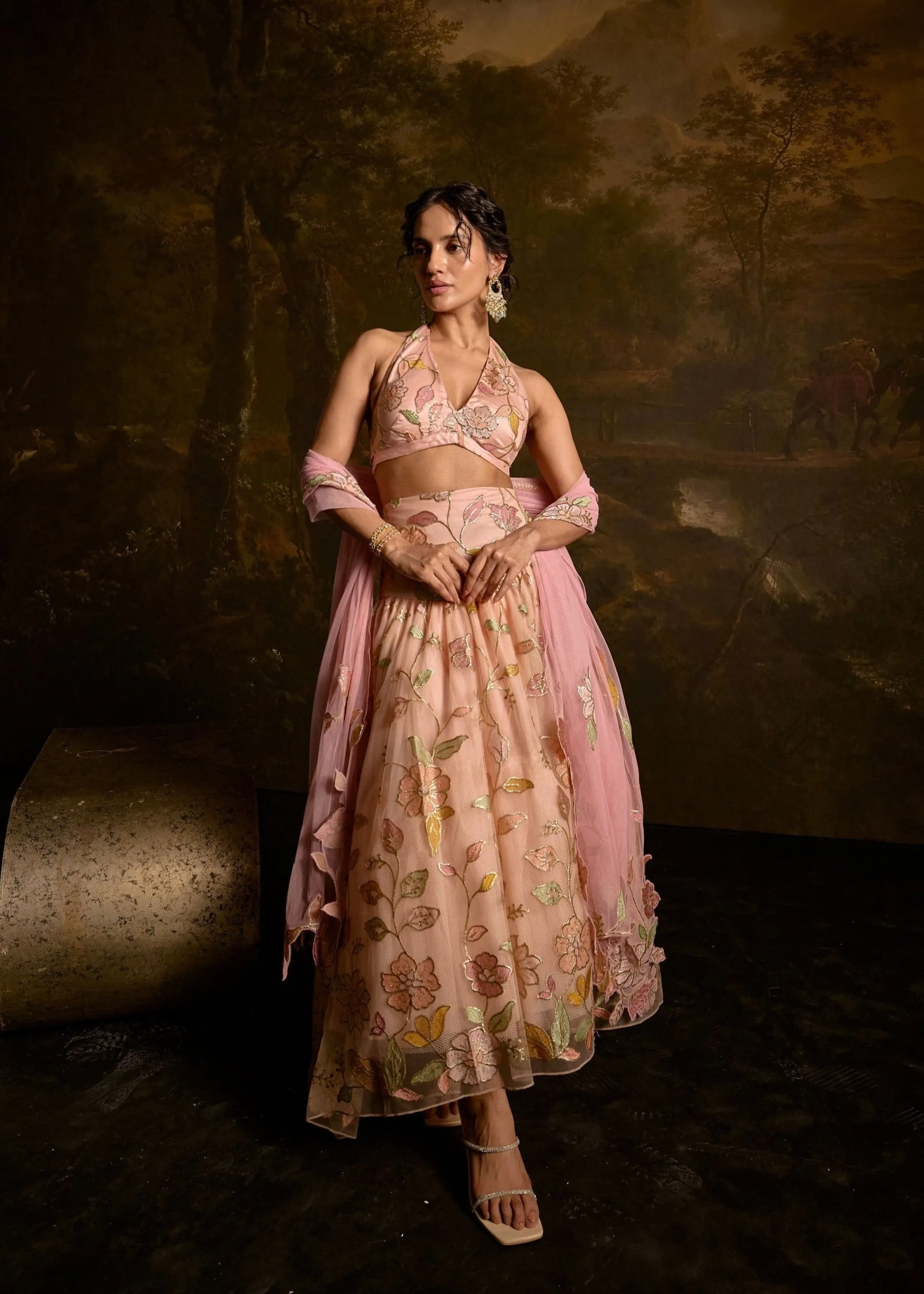 Adishri Peach Halter-Neck Embroidered Lehenga